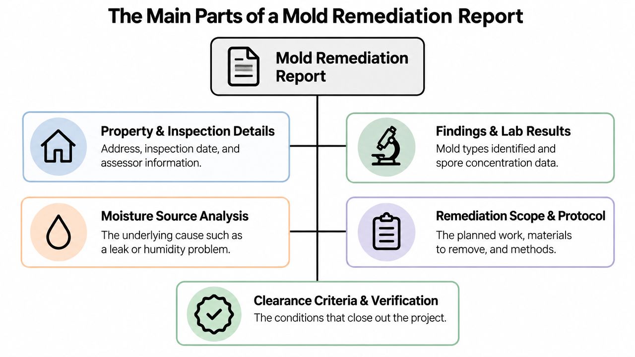 A diagram outlining the five essential sections of a professional mold remediation report for property inspections.