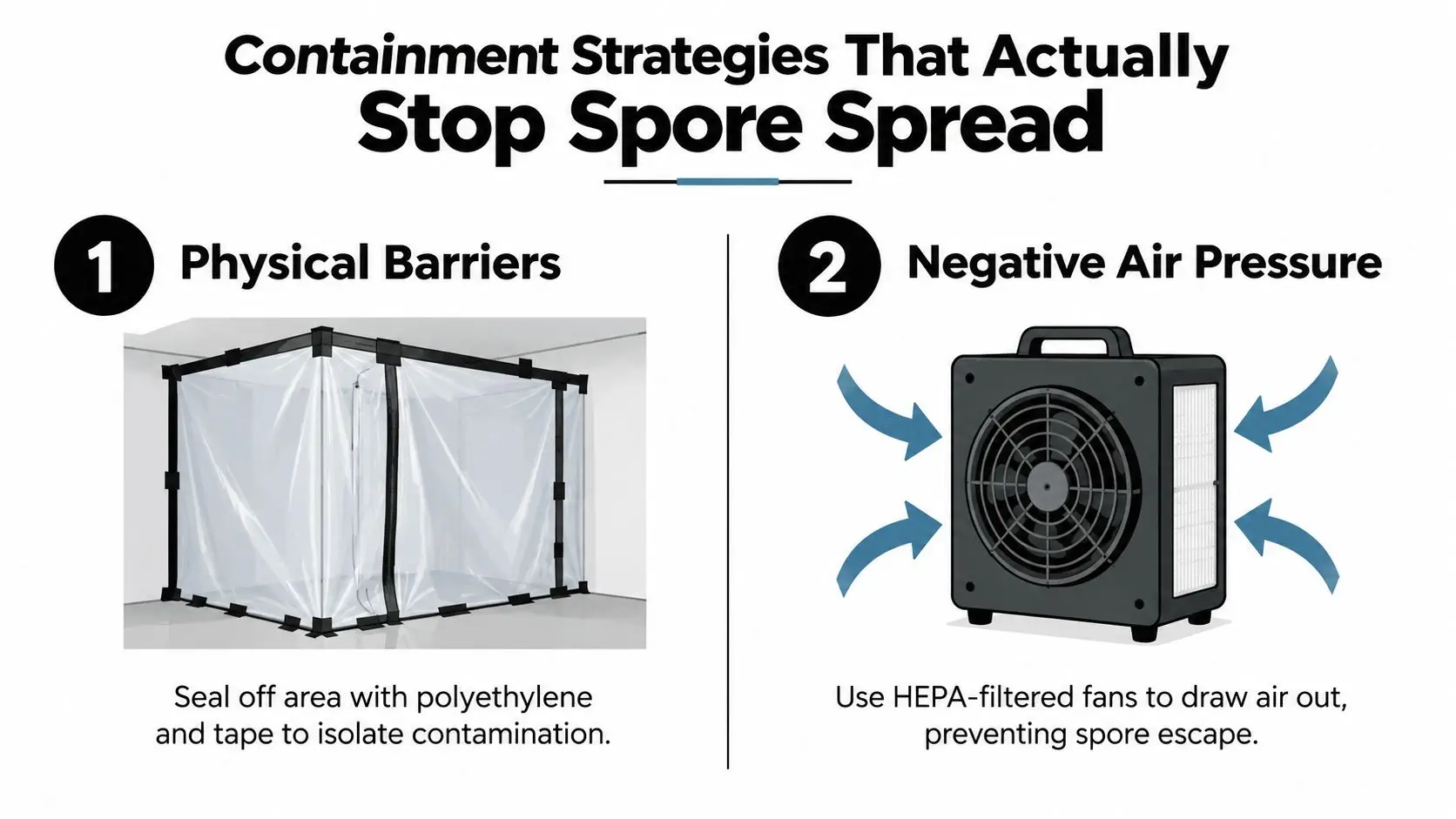 A diagram illustrating mold remediation containment strategies including physical plastic barriers and negative air pressure fans.