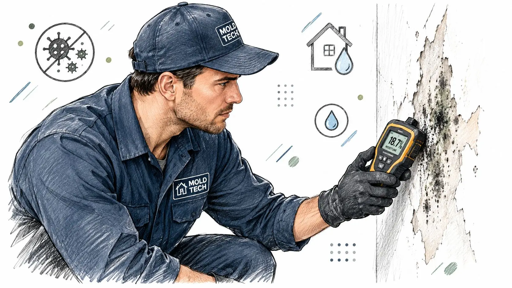 A professional mold remediation specialist inspecting a water-damaged, moldy wall using a digital moisture meter device.