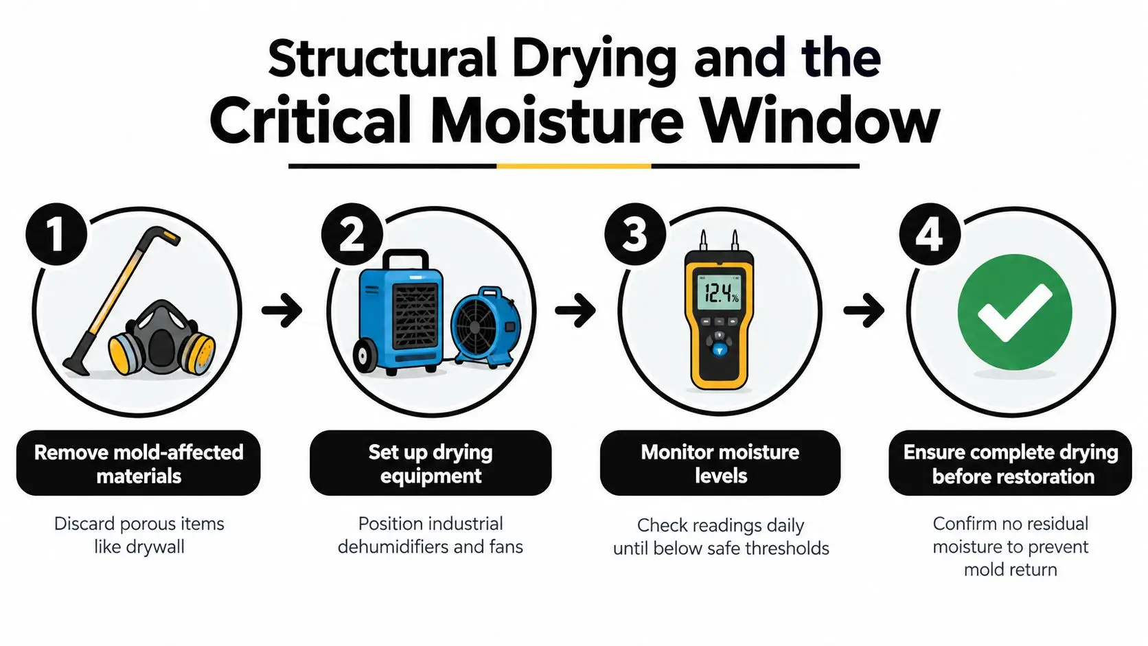 An infographic outlining the four key steps for structural drying and mold remediation in residential buildings.