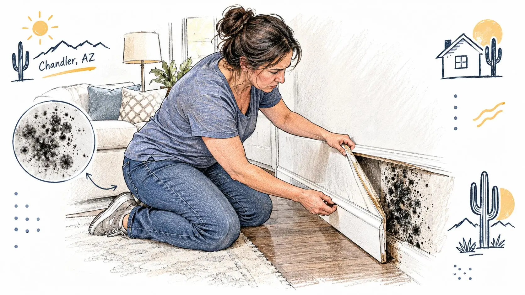 A woman inspecting black mold hidden behind a baseboard in a residential home in Chandler, Arizona.
