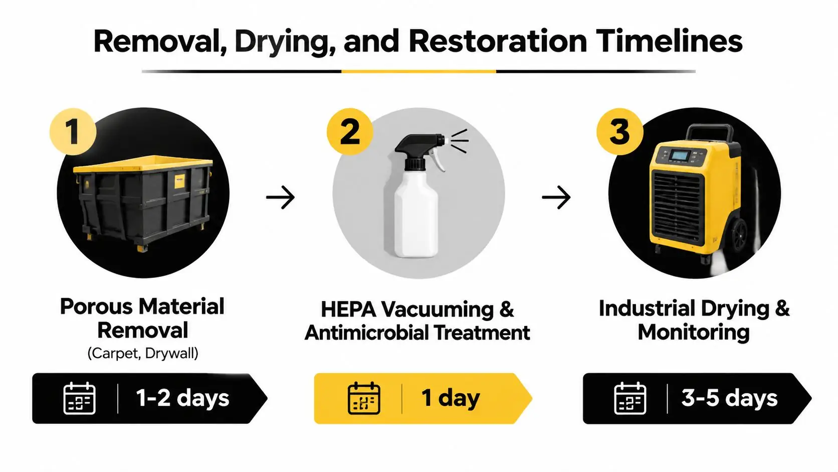A timeline graphic showing three phases of professional restoration: porous material removal, cleaning, and industrial drying processes.