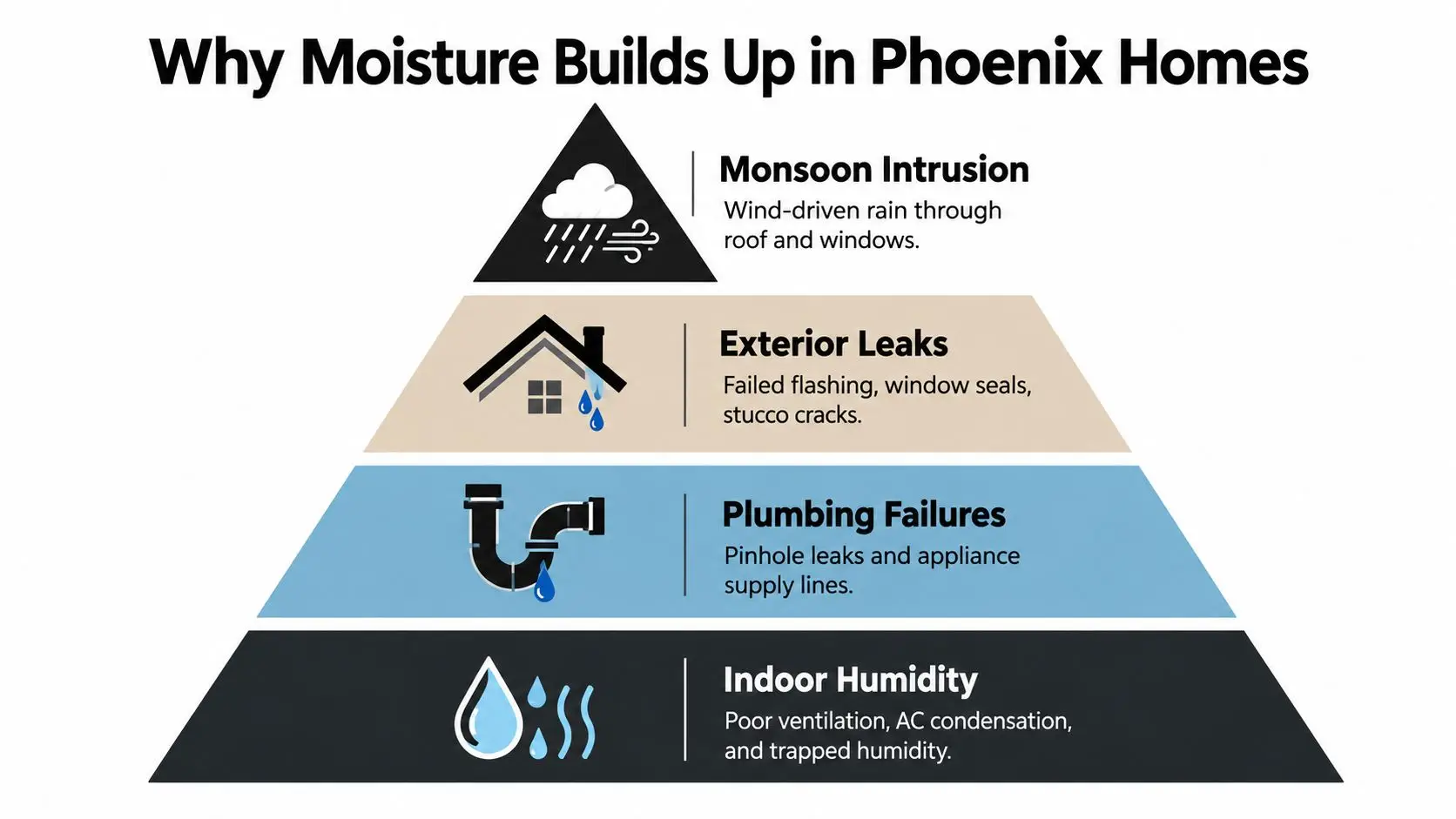 A pyramid infographic explaining the primary causes of moisture accumulation in Phoenix homes, from monsoon weather to indoor humidity.