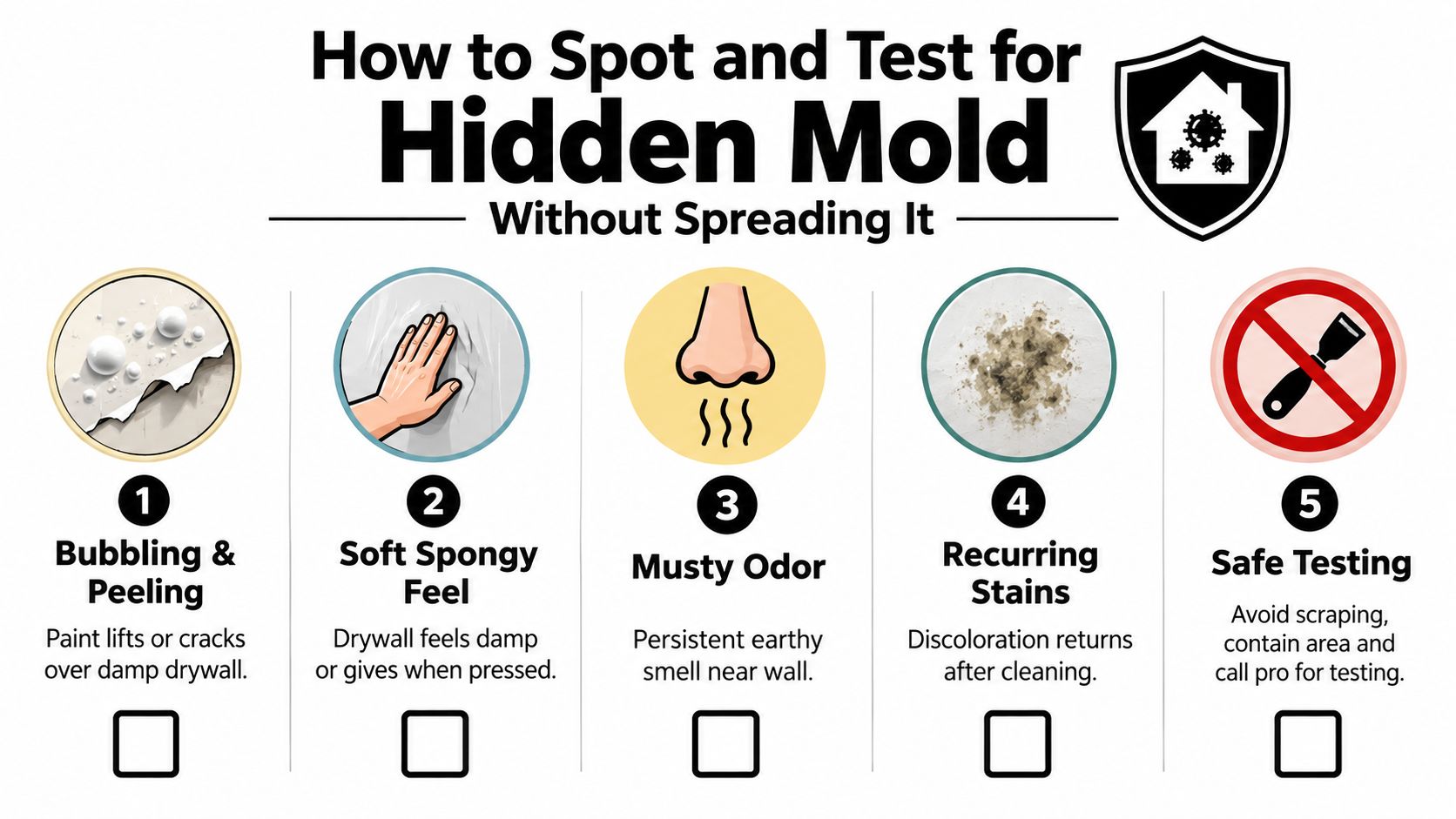 An infographic showing five key signs of hidden mold on drywall including bubbling paint and musty smells.