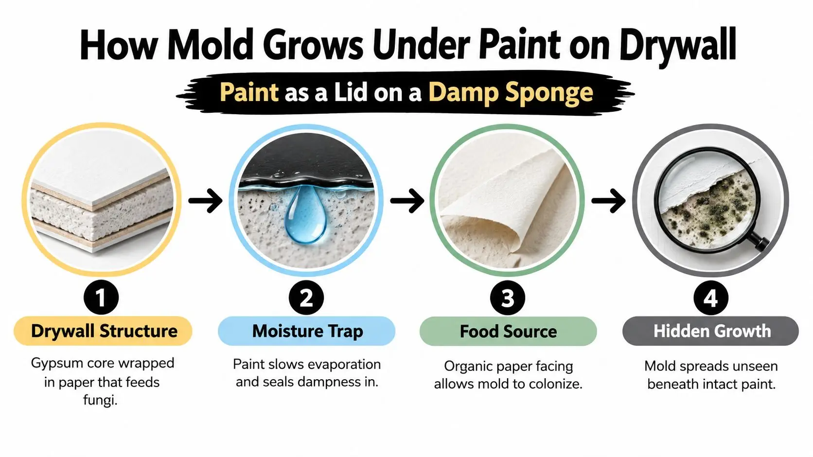 A four-step infographic explaining how moisture and organic paper in drywall lead to hidden mold growth under paint.