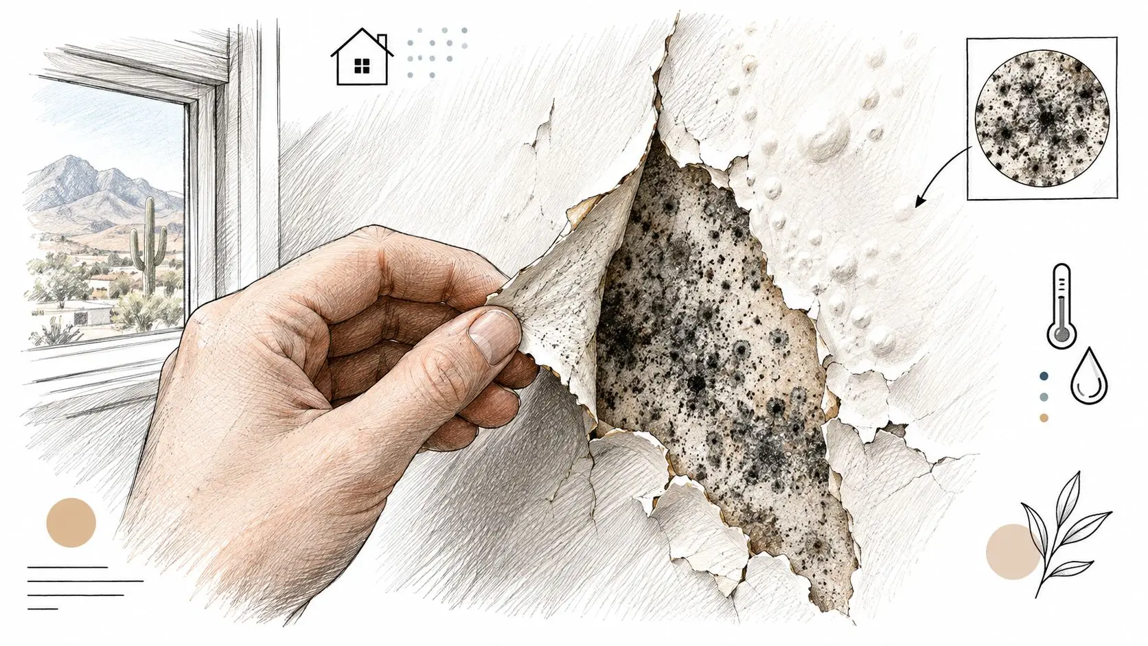 A close-up illustration showing a hand peeling back bubbling paint on a wall to reveal black mold.