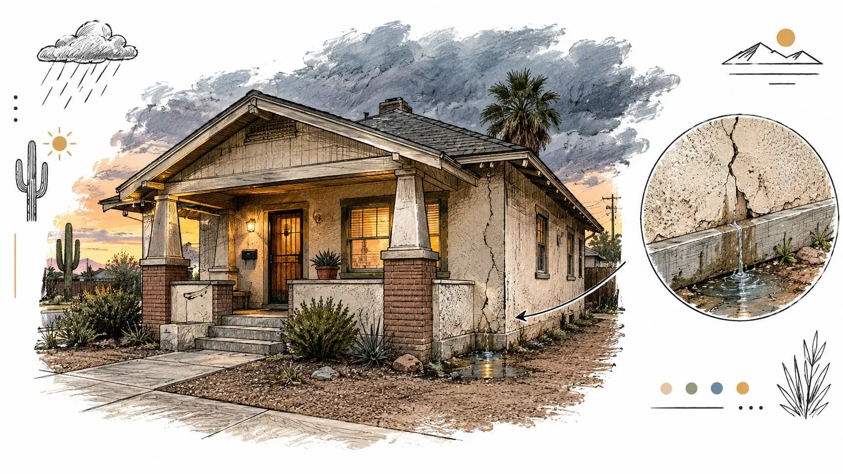 A house illustration showing a significant wall crack with water leaking into a foundation puddle.