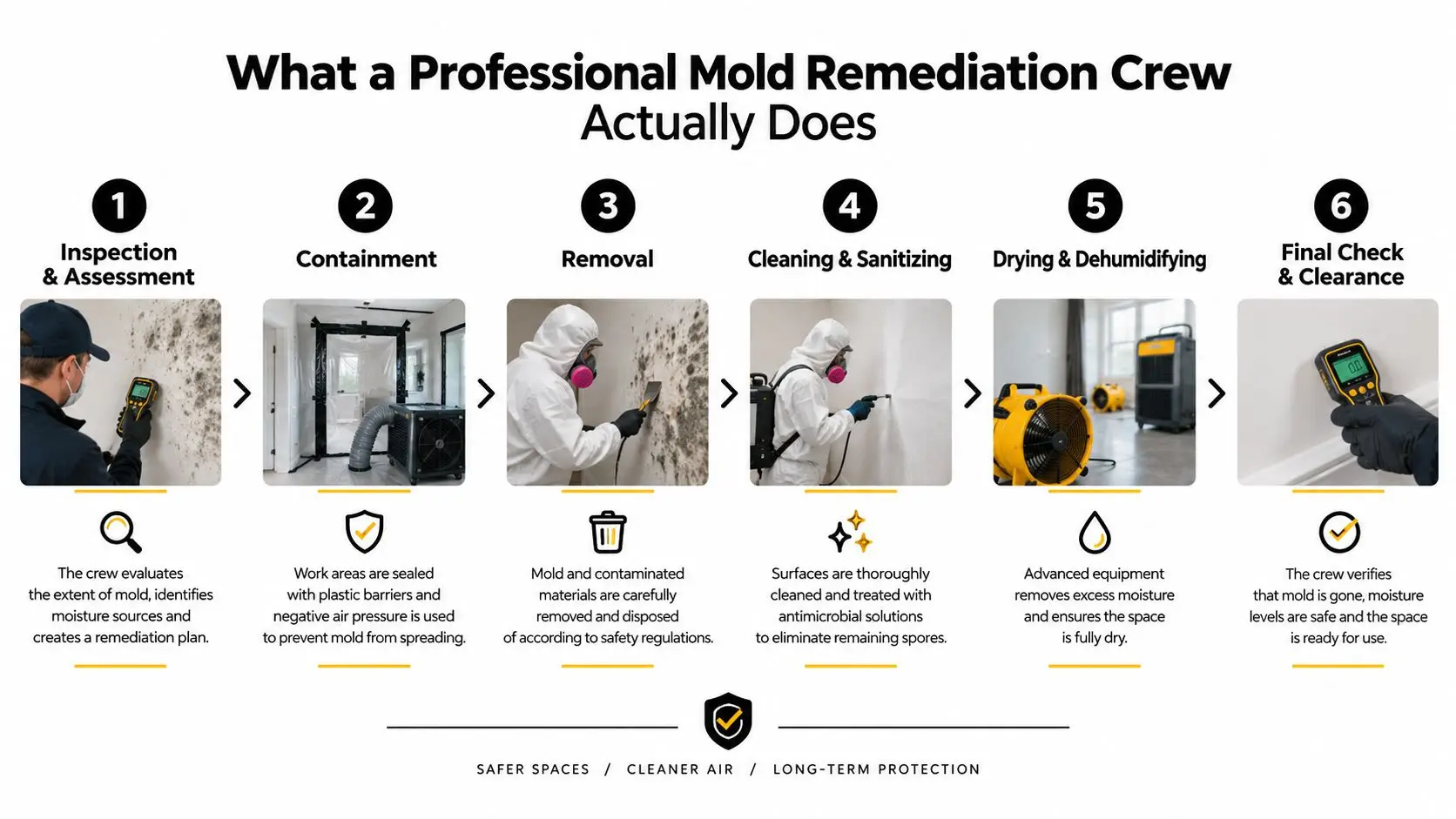 A step-by-step infographic illustrating the professional mold remediation process from inspection and containment to final cleanup.
