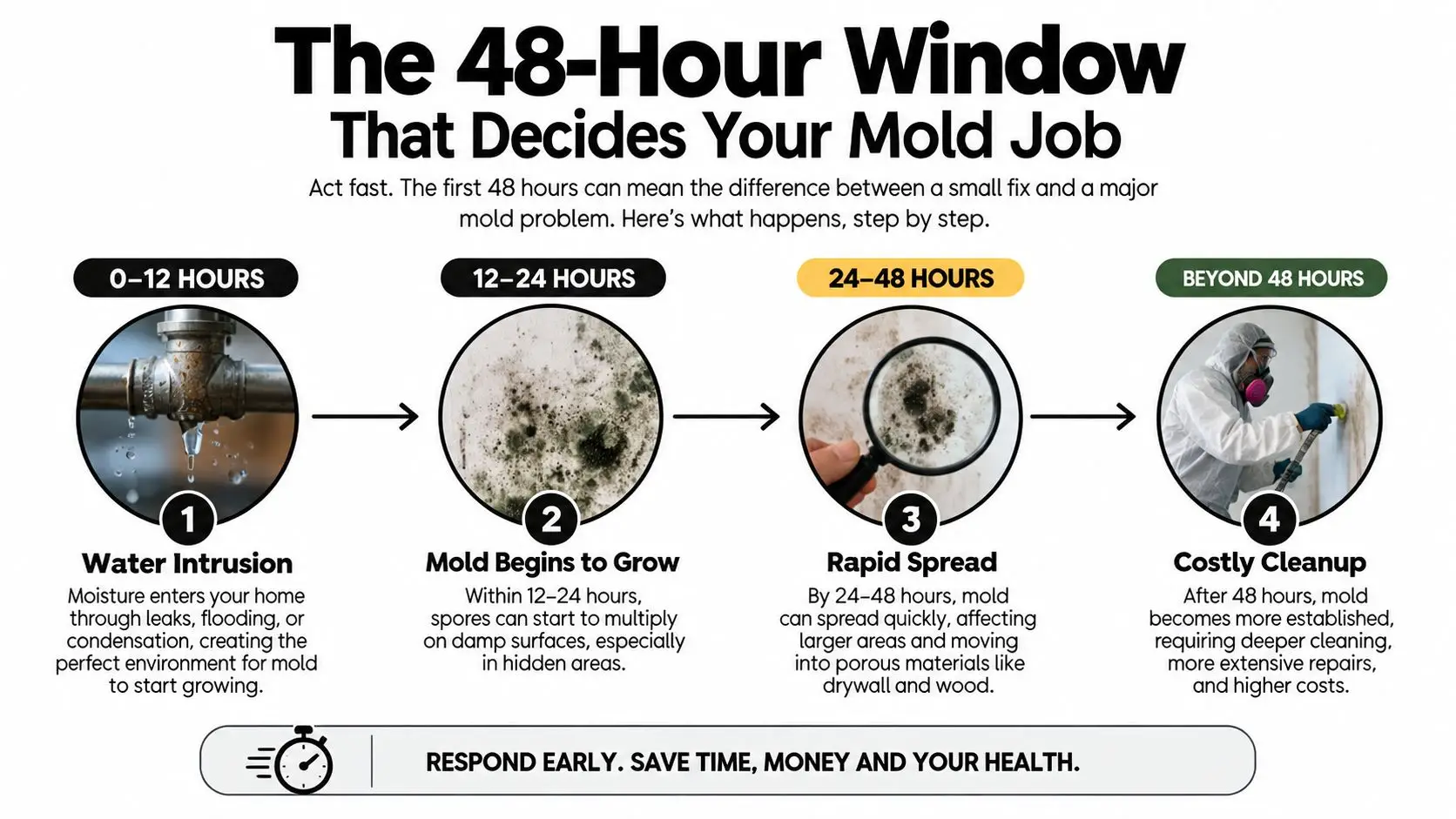 A timeline graphic showing the 48-hour progression of mold growth starting from initial water intrusion.