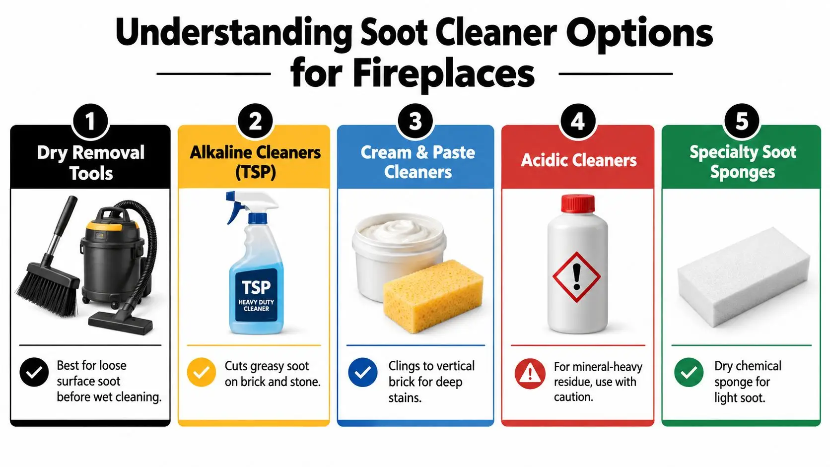 An infographic showing five different types of soot cleaner options for cleaning fireplaces, including tools and substances.
