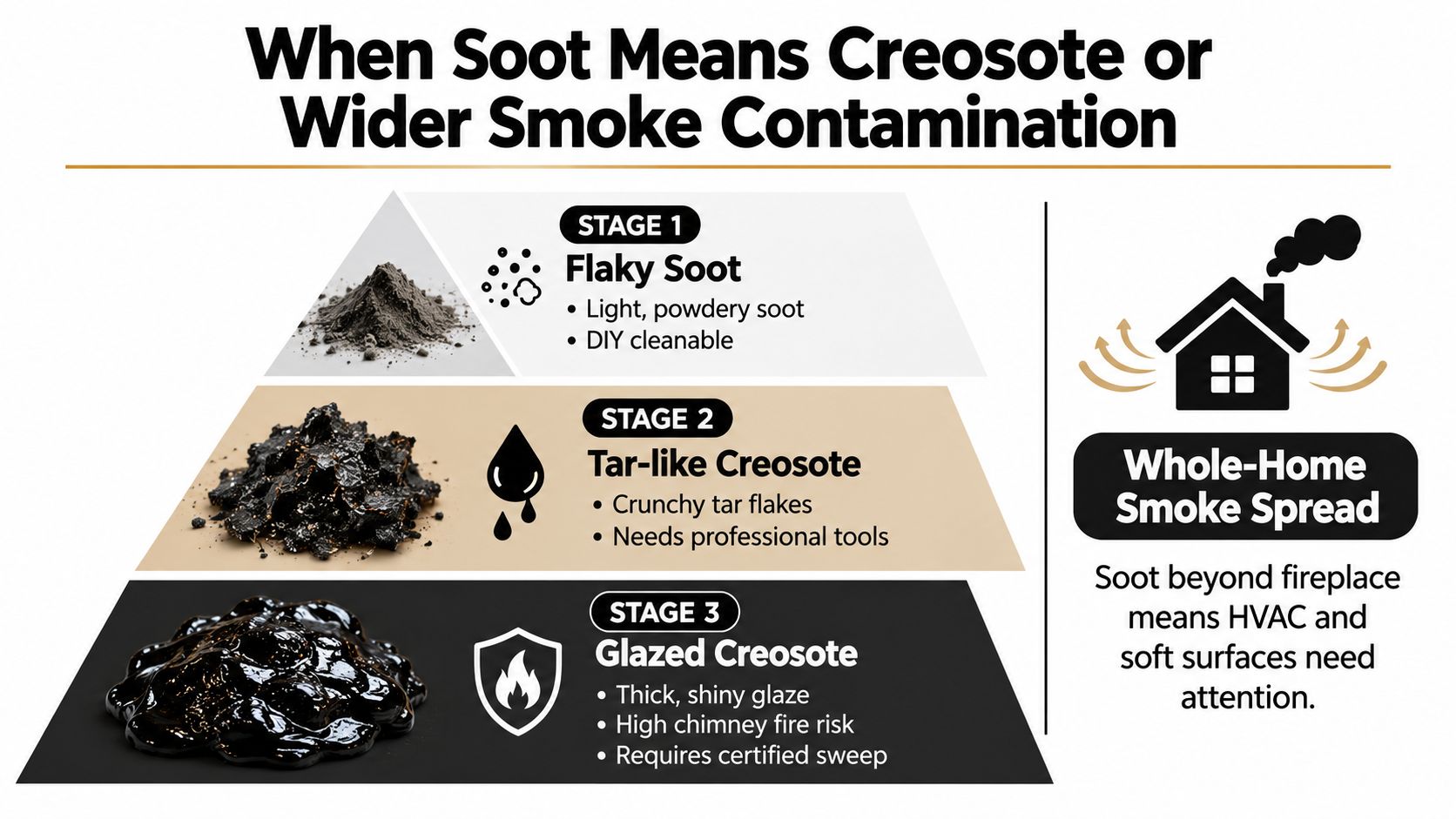 A diagram illustrating three stages of creosote buildup from light soot to dangerous glazed chimney creosote.