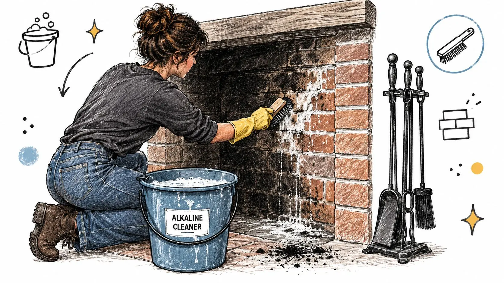 A person wearing yellow rubber gloves cleaning soot off a brick fireplace using an alkaline cleaning solution.