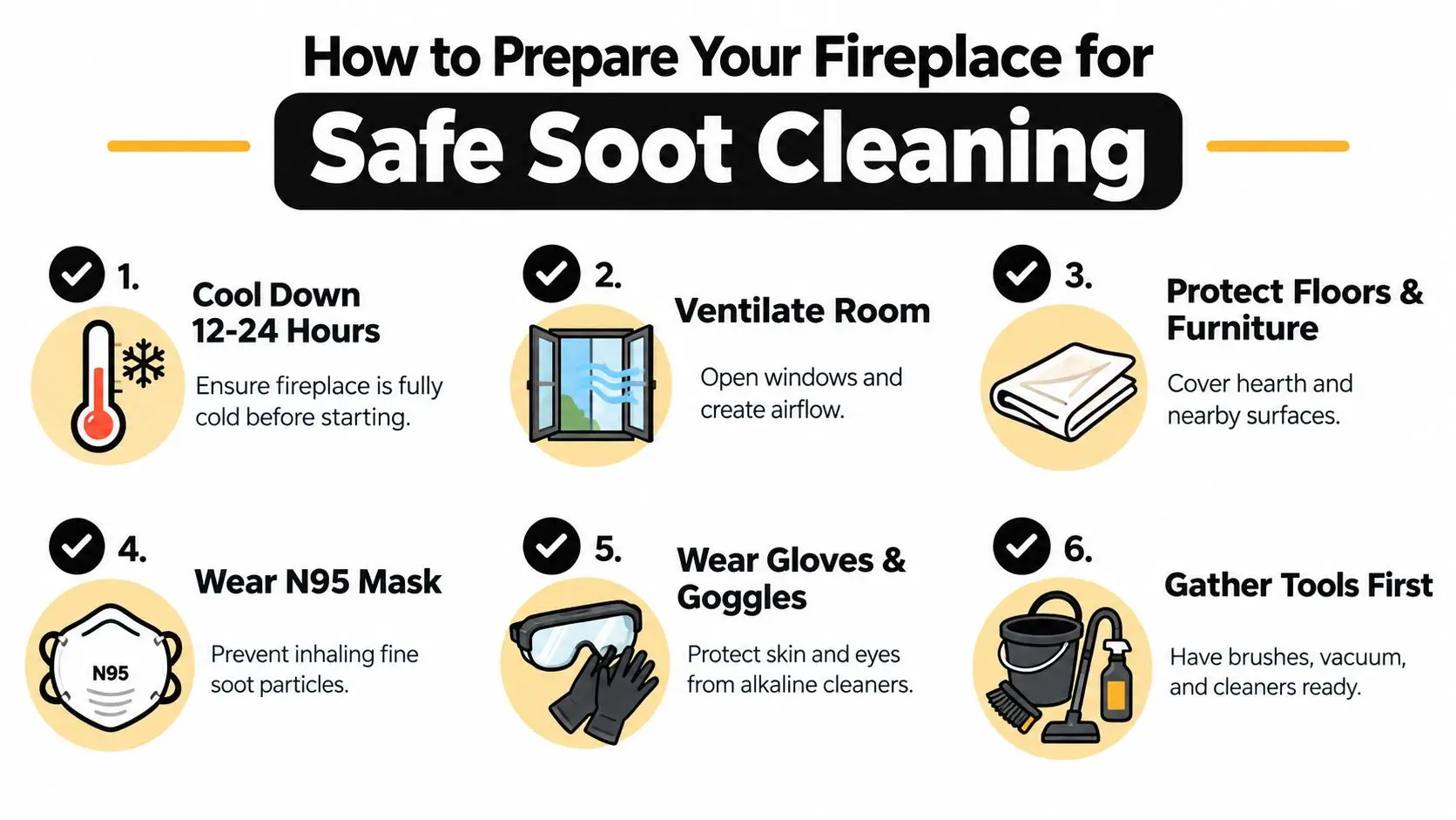 An instructional graphic showing six steps to prepare a fireplace for safe cleaning, including protection and ventilation.