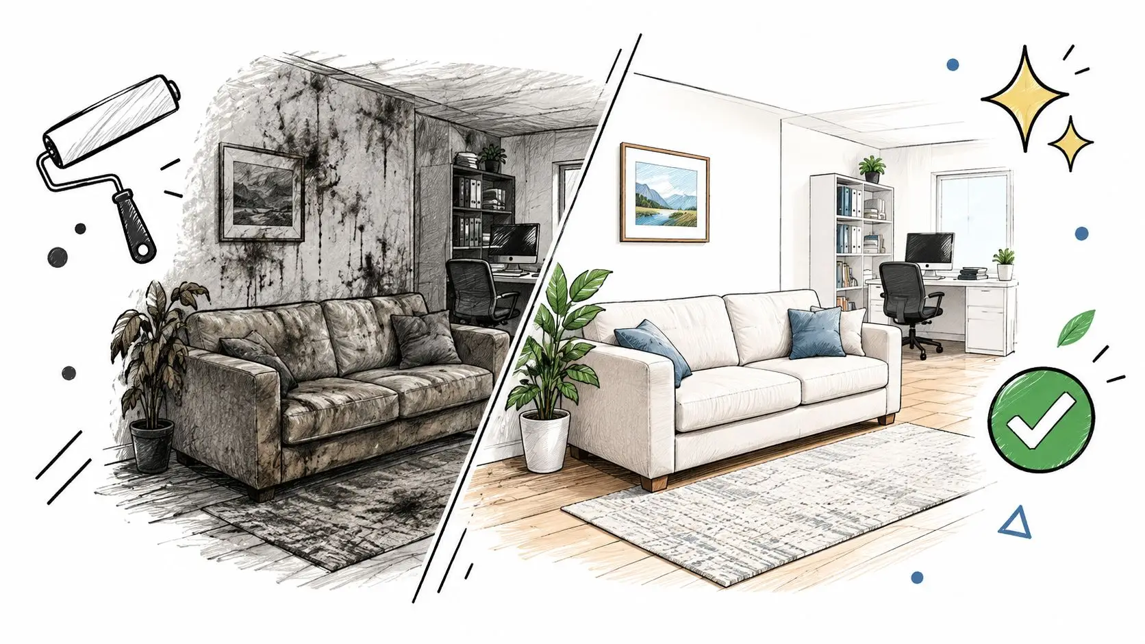 A split-screen illustration showing a damaged soot-covered living room before professional cleaning services and after renovation.