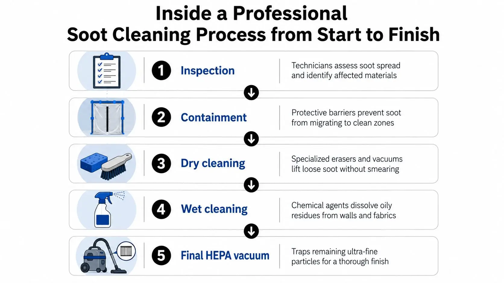 An infographic showing the five steps of a professional soot cleaning process from start to finish.
