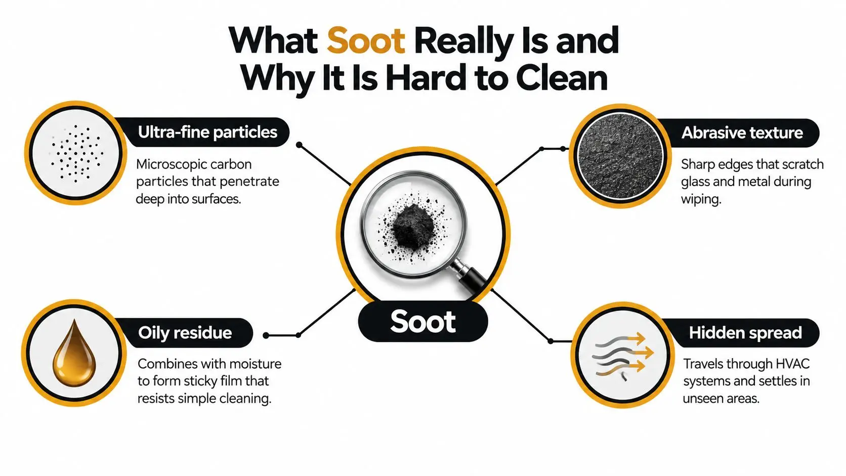 An infographic titled What Soot Really Is, highlighting why it is difficult to clean from surfaces.