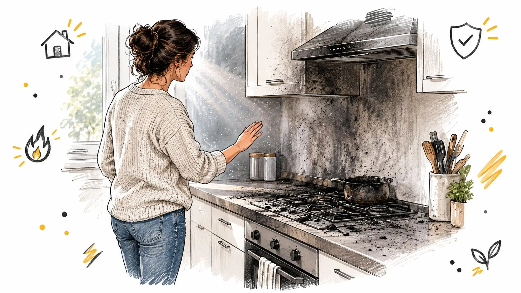 A woman looks at a soot-damaged kitchen wall and stovetop after a fire accident in a home.