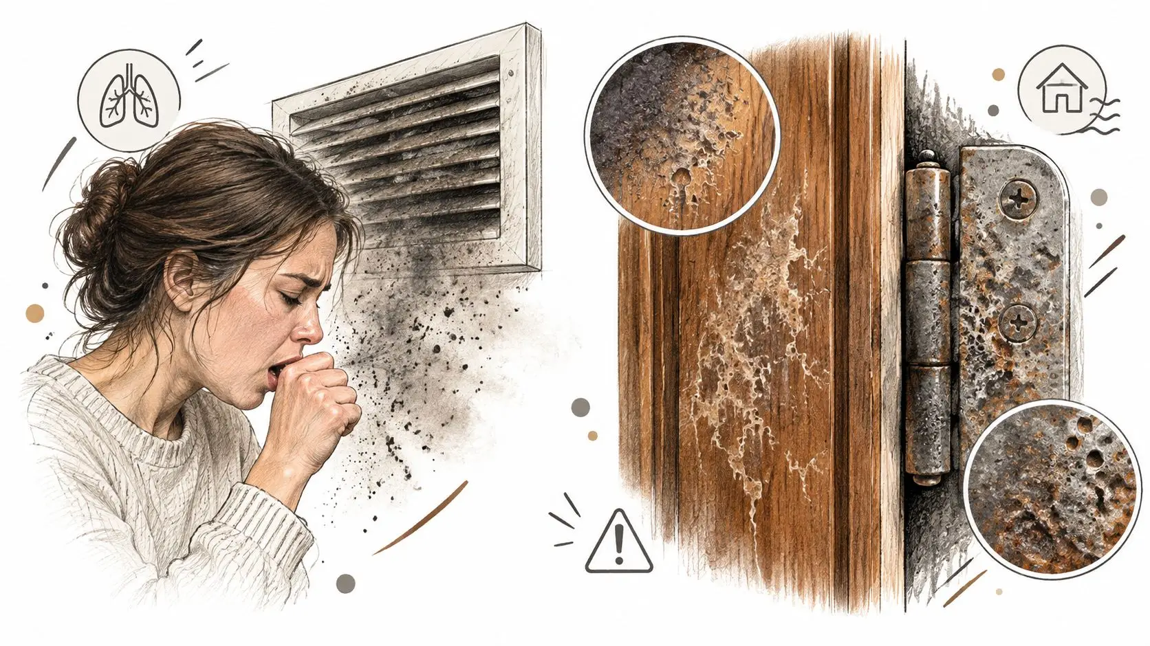 A woman coughing near a dusty vent next to a door frame showing signs of mold damage.