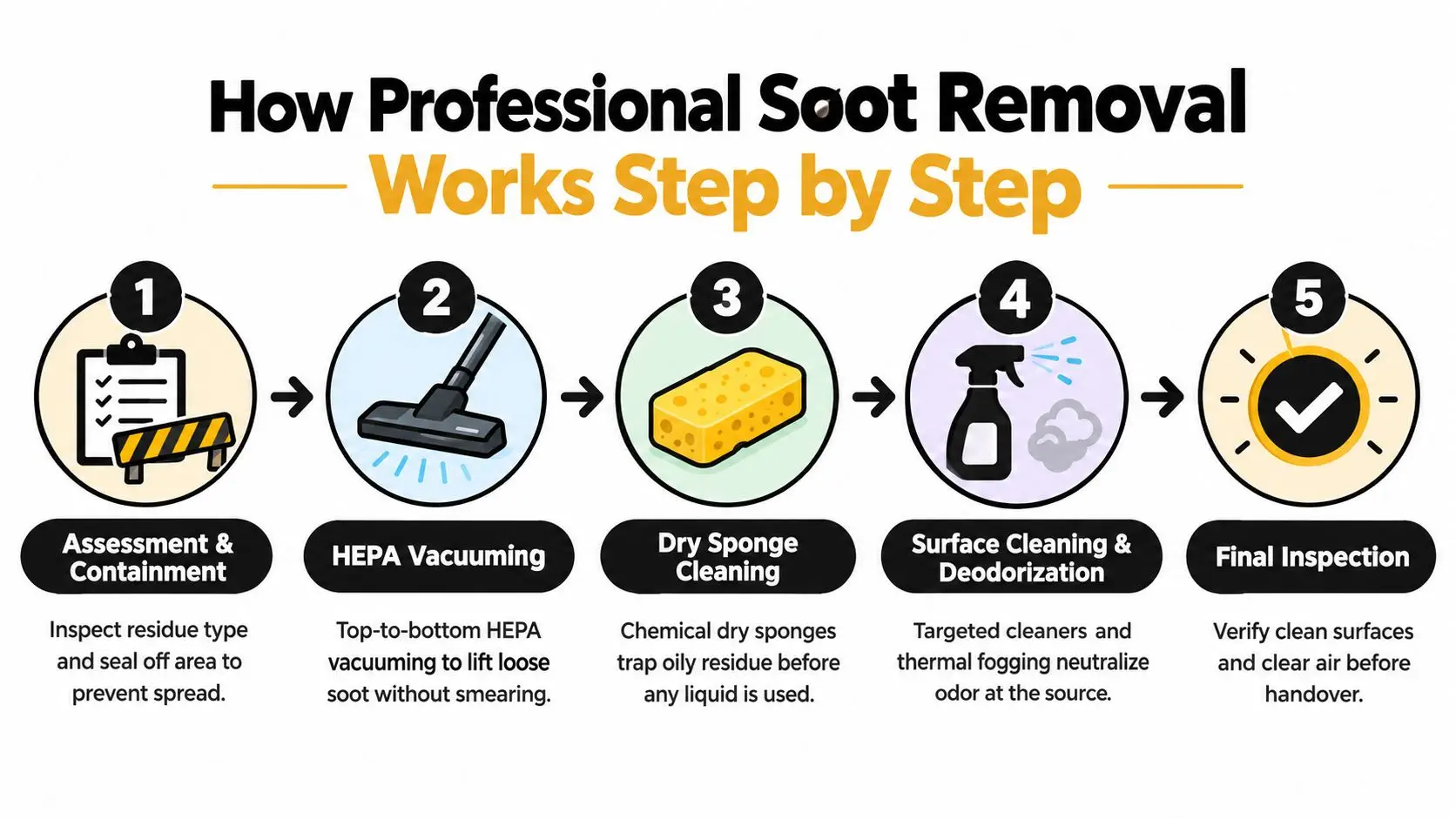 A five-step infographic showing the professional soot removal process from assessment and containment to final inspection.