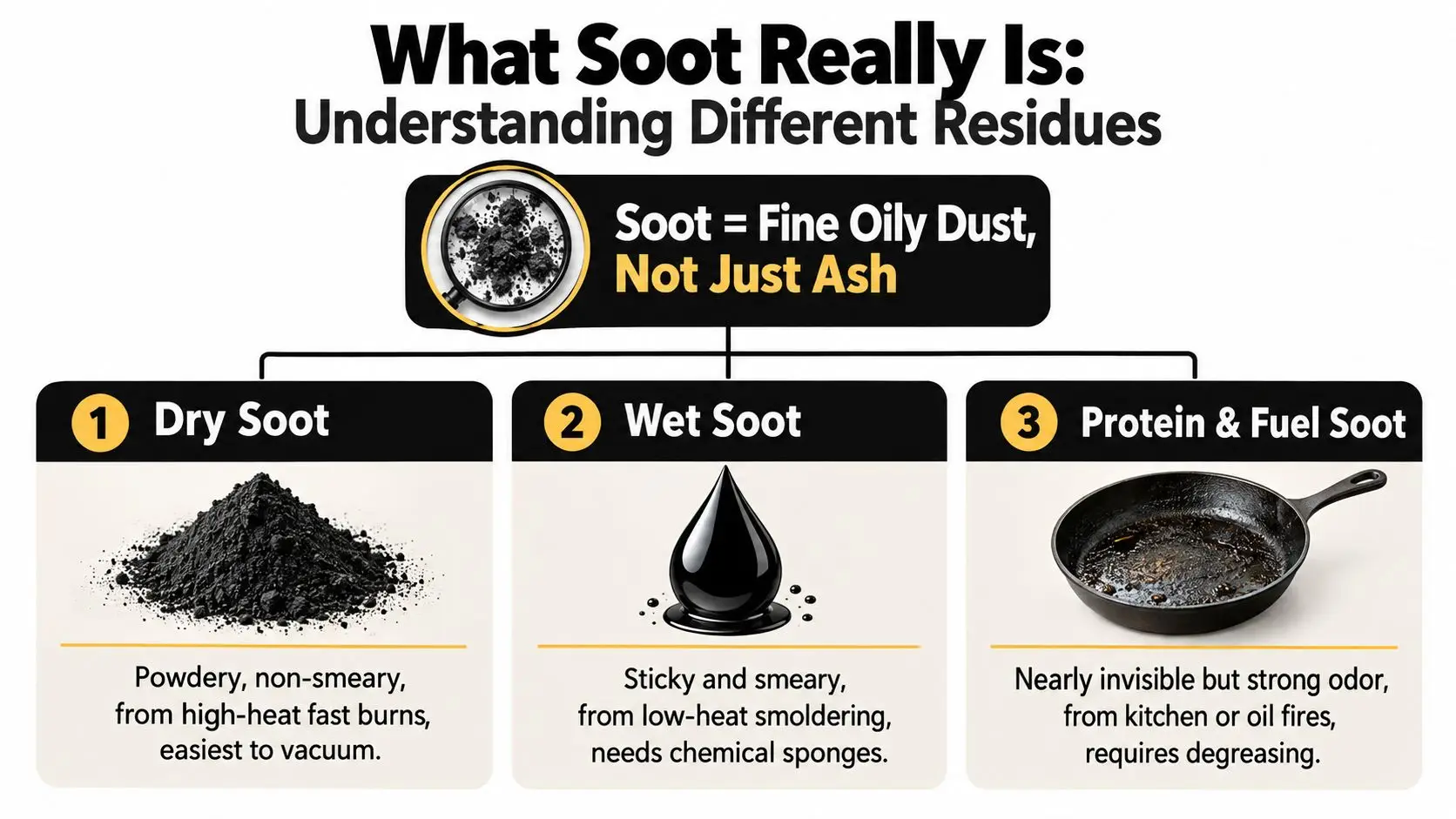 A chart explaining the three types of soot: dry soot, wet soot, and protein and fuel soot.