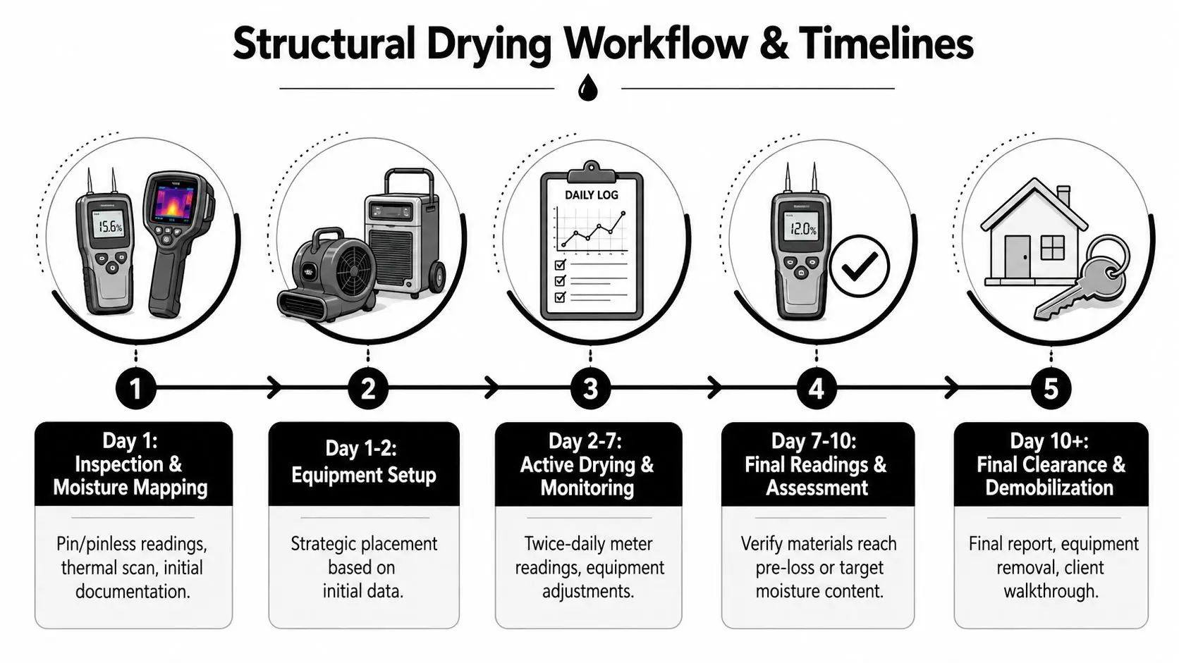 A five-step infographic showing the structural drying workflow and timelines for water damage restoration services.