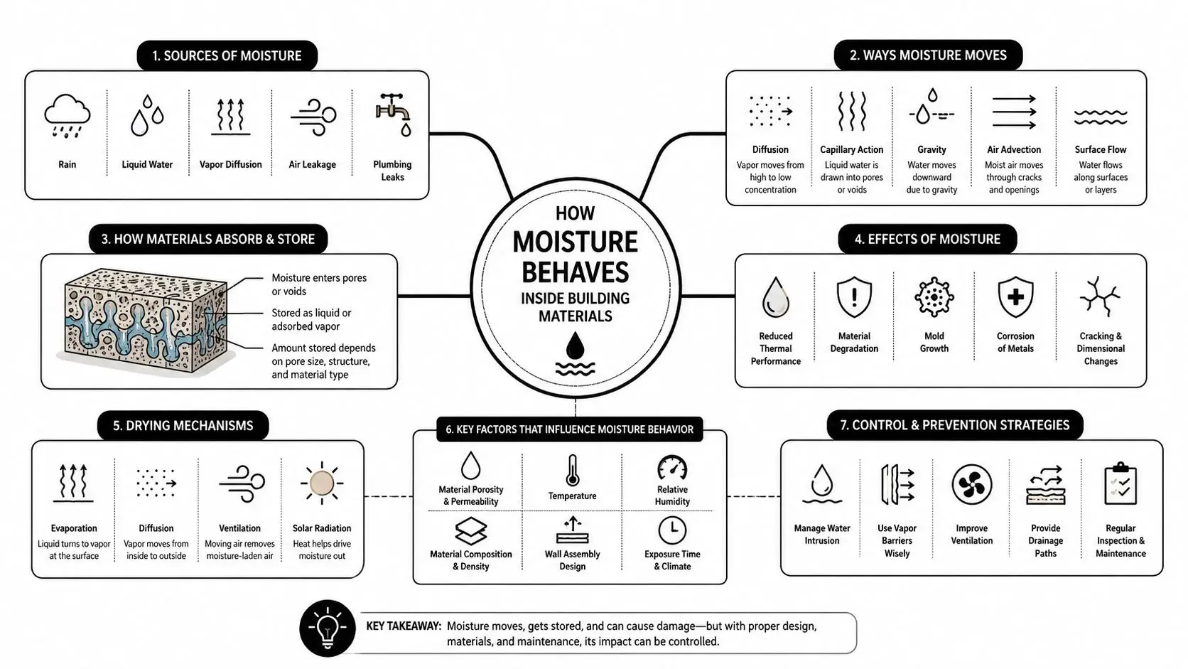 A detailed infographic explaining how moisture behaves, moves, and affects building materials, including control and prevention strategies.