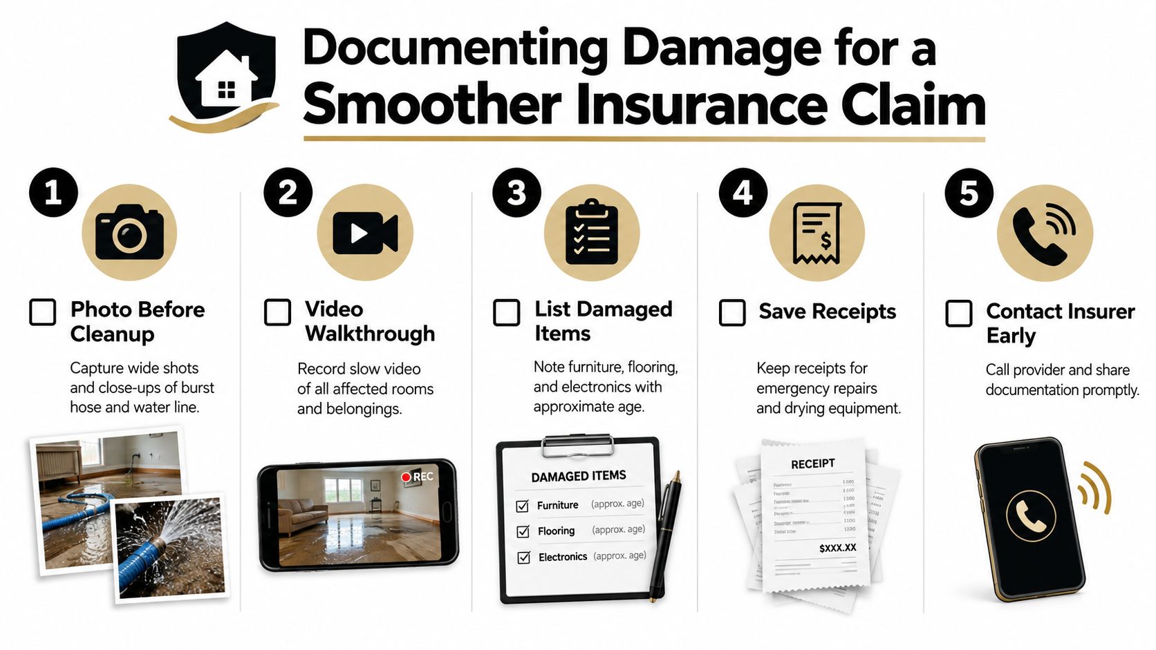 An infographic illustrating five essential steps for documenting property damage to facilitate a smoother insurance claim process.