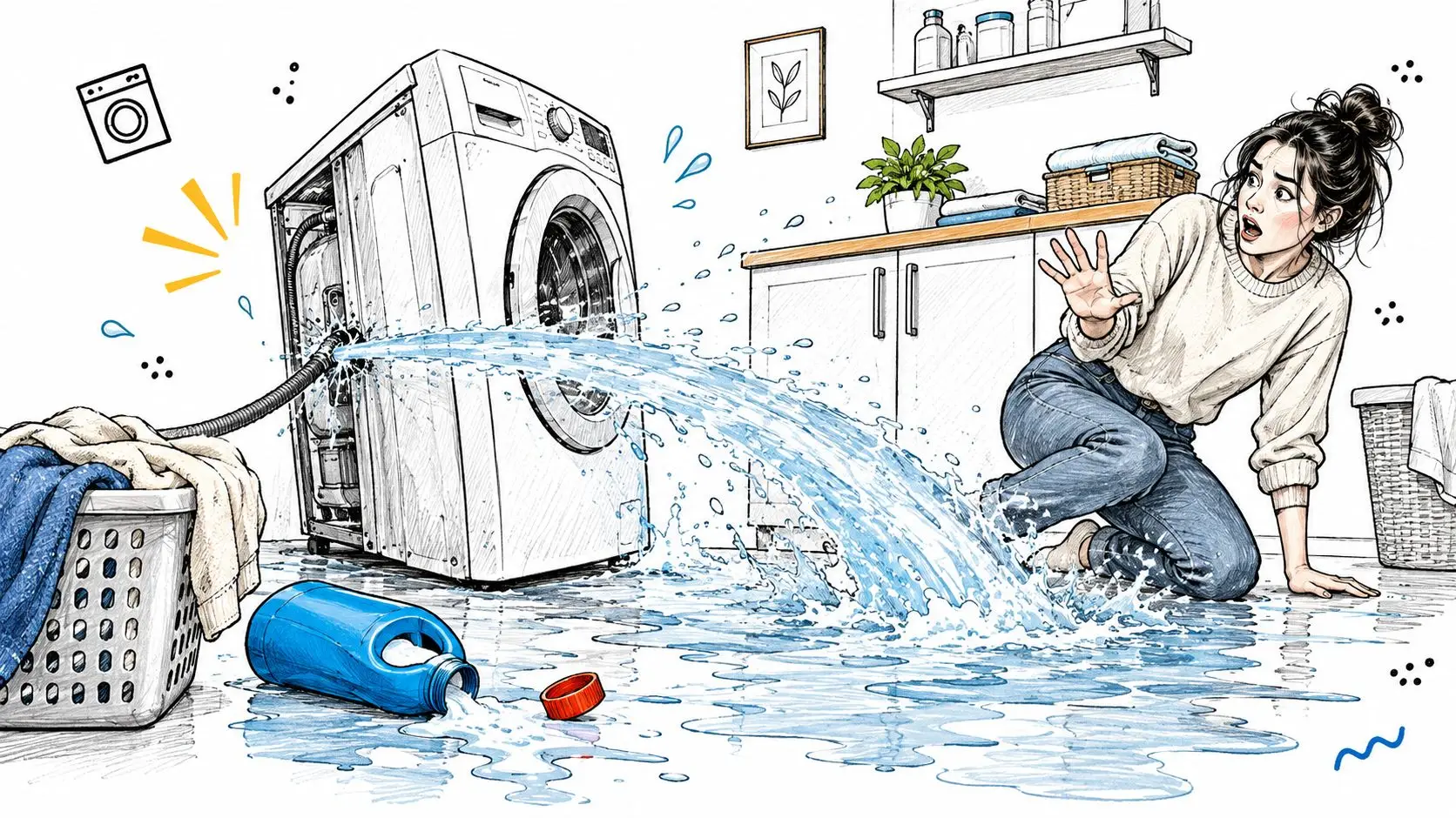 A shocked woman reacts as a washing machine hose bursts, flooding the laundry room floor with water.