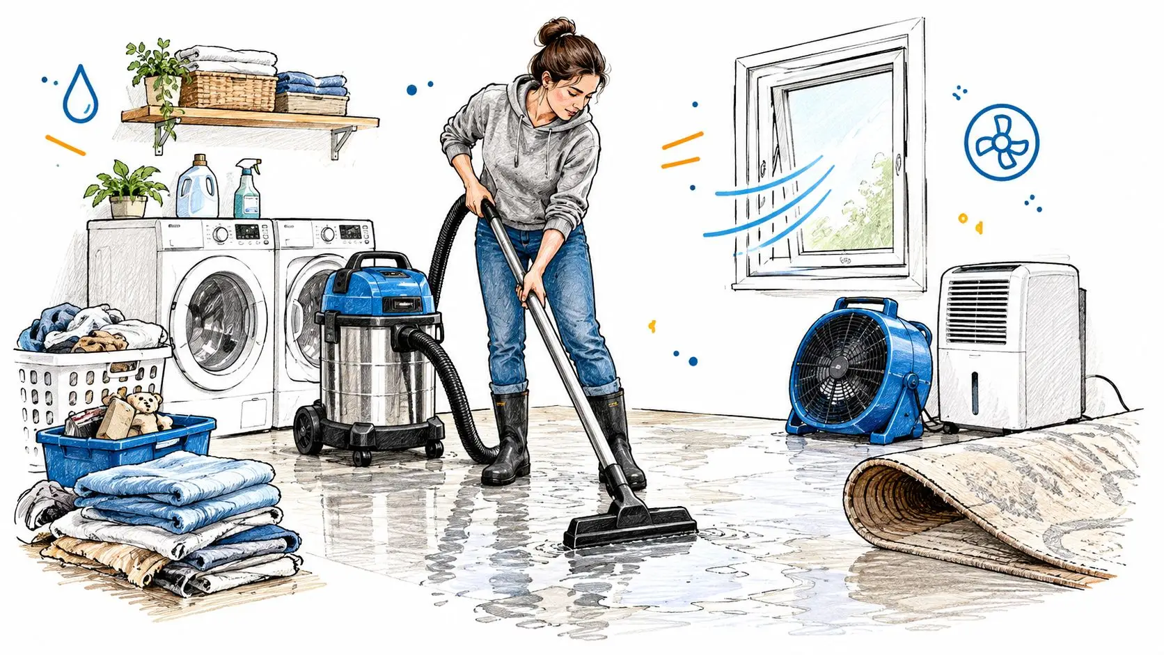 A woman uses a wet-dry vacuum to clean water from a flooded floor in a laundry room.