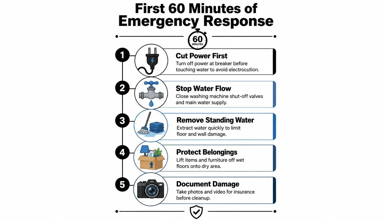 A five-step infographic guide on responding to emergency water damage from a leaking washing machine.