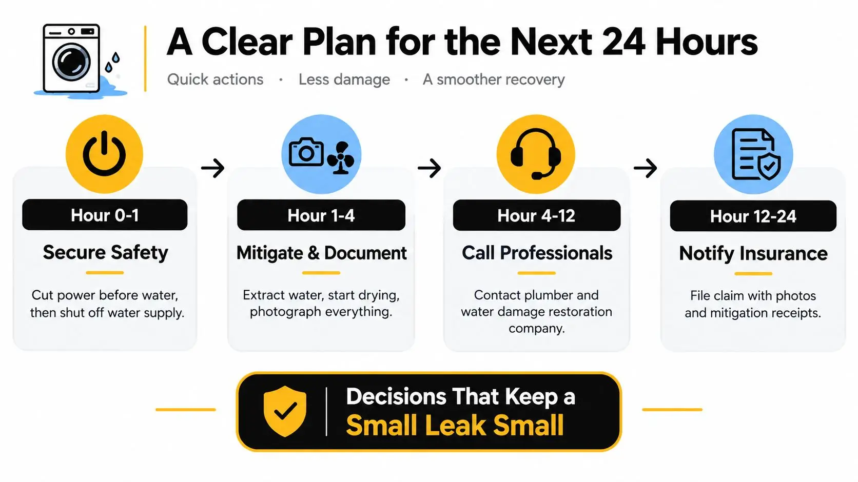 An infographic showing a step-by-step plan for managing a washing machine water damage leak within 24 hours.