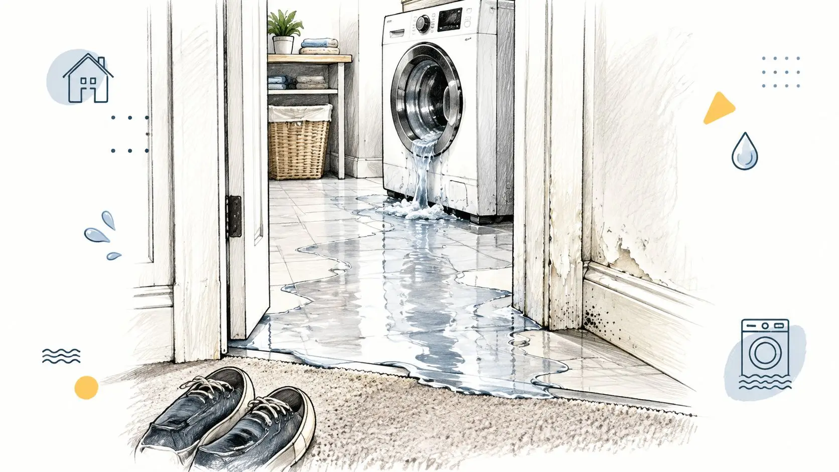 A pencil sketch illustration showing a washing machine leaking water onto a laundry room floor.