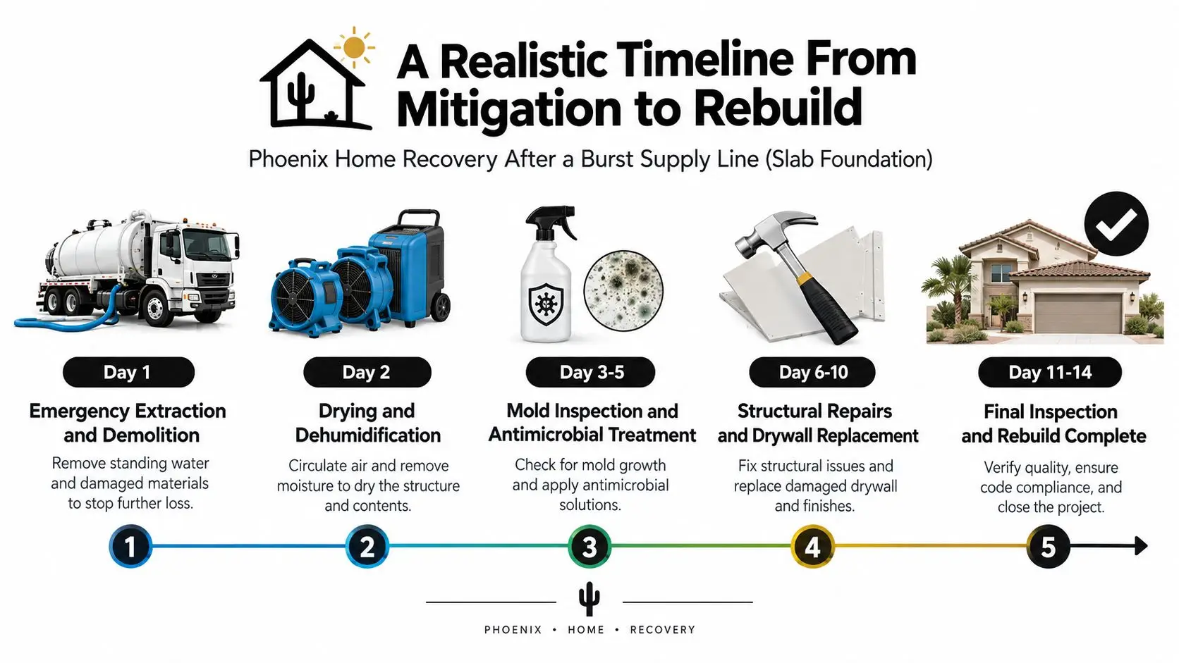 A timeline graphic showing the steps of home water damage restoration from mitigation to final rebuild.