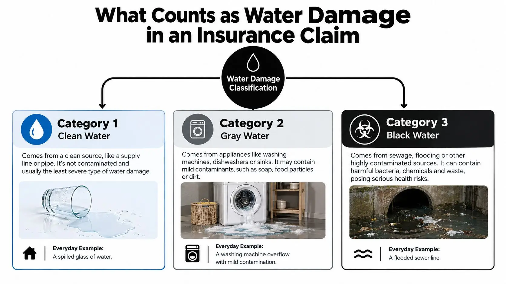 An infographic showing the three categories of water damage, ranging from clean, gray, to black water.