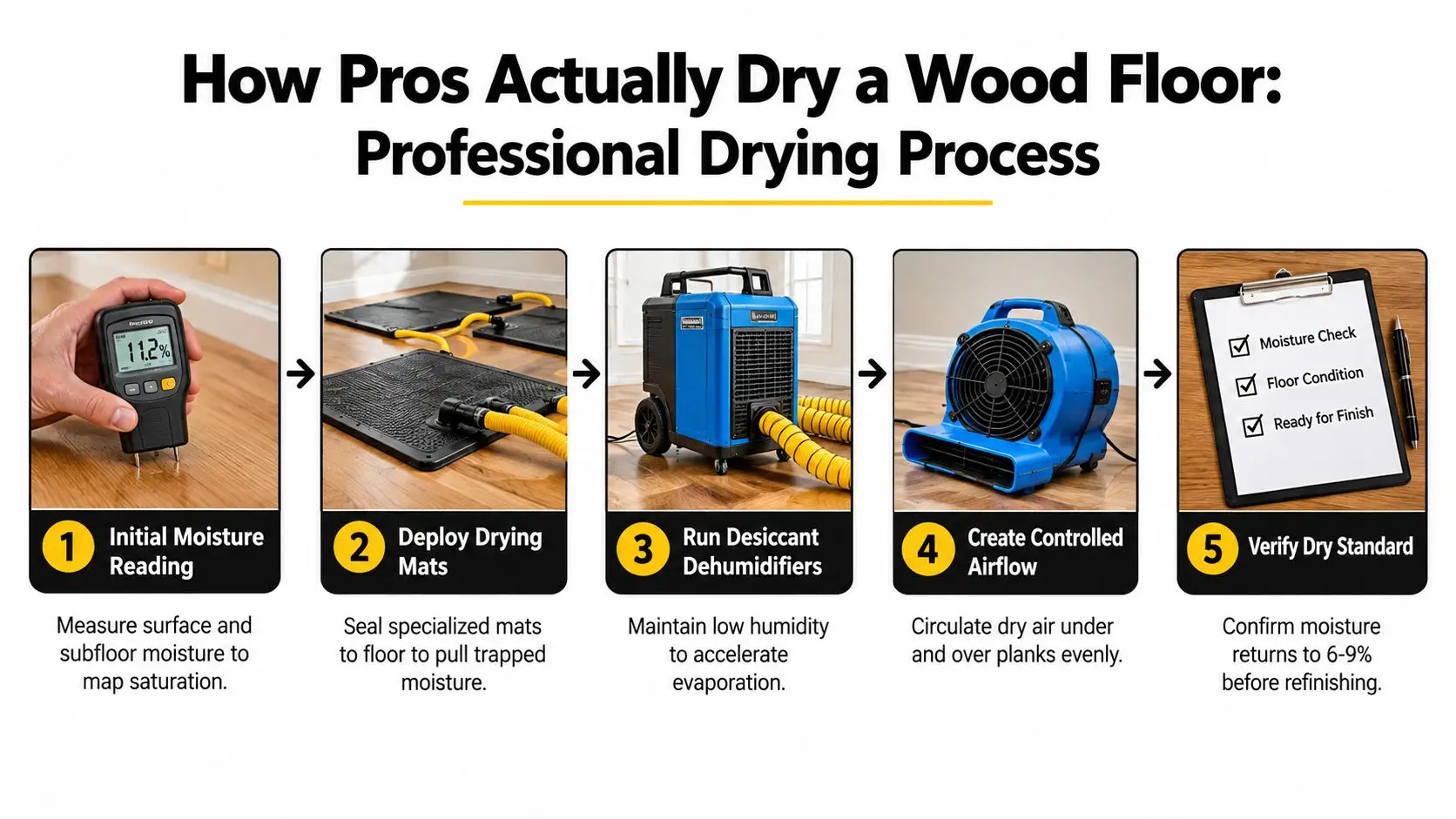 A professional five-step infographic showing how experts dry water damaged hardwood floors using specialized restoration equipment.