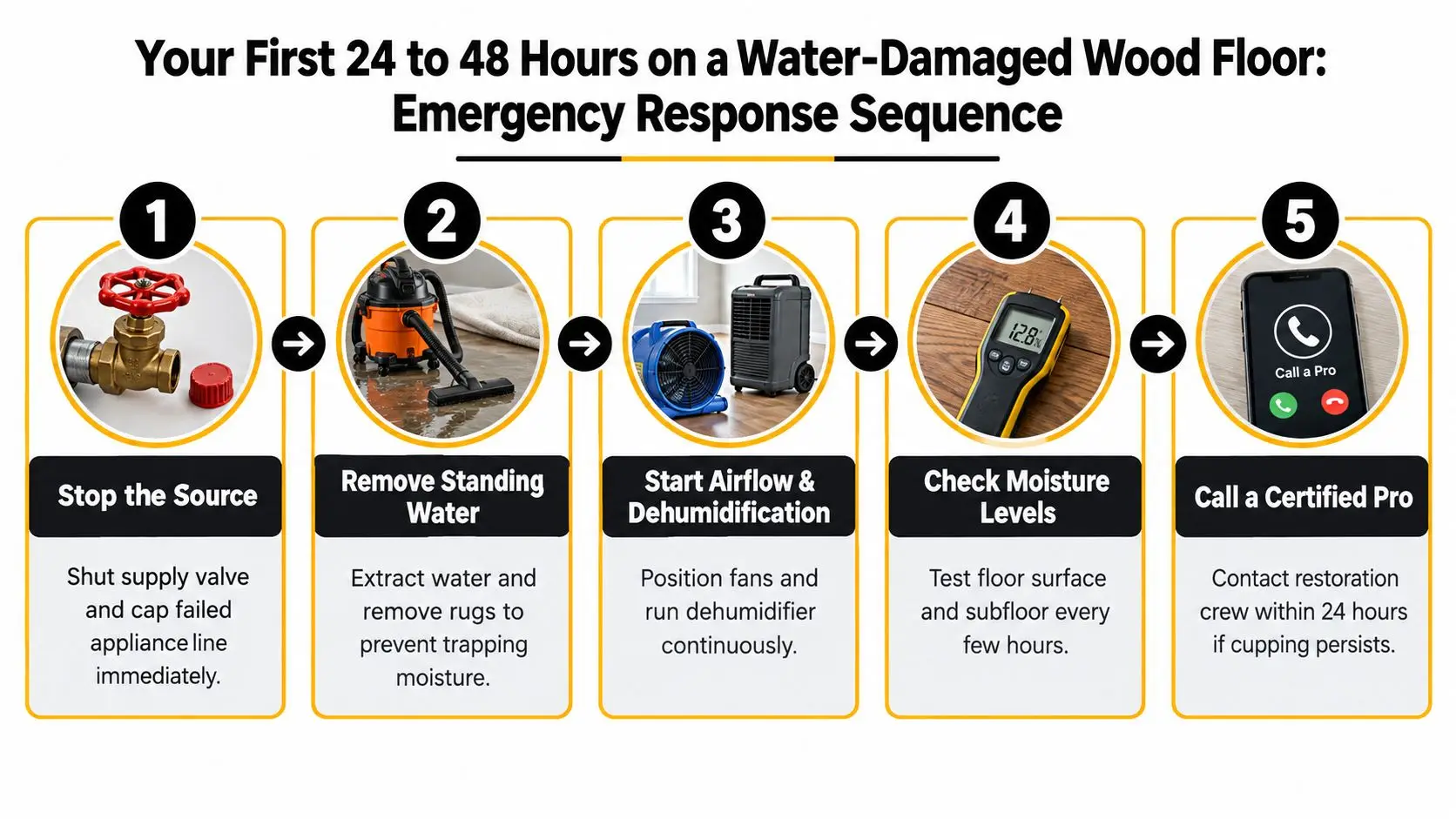 A five-step infographic showing the emergency response sequence for mitigating water damage on wood floors.