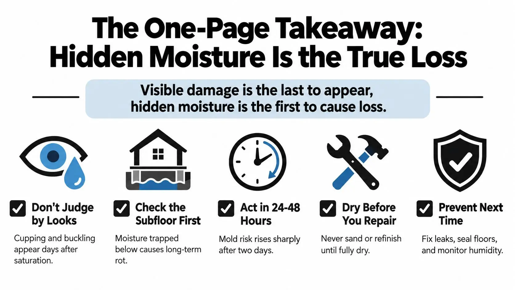 An infographic titled The One-Page Takeaway explaining the importance of addressing hidden moisture damage in floors.