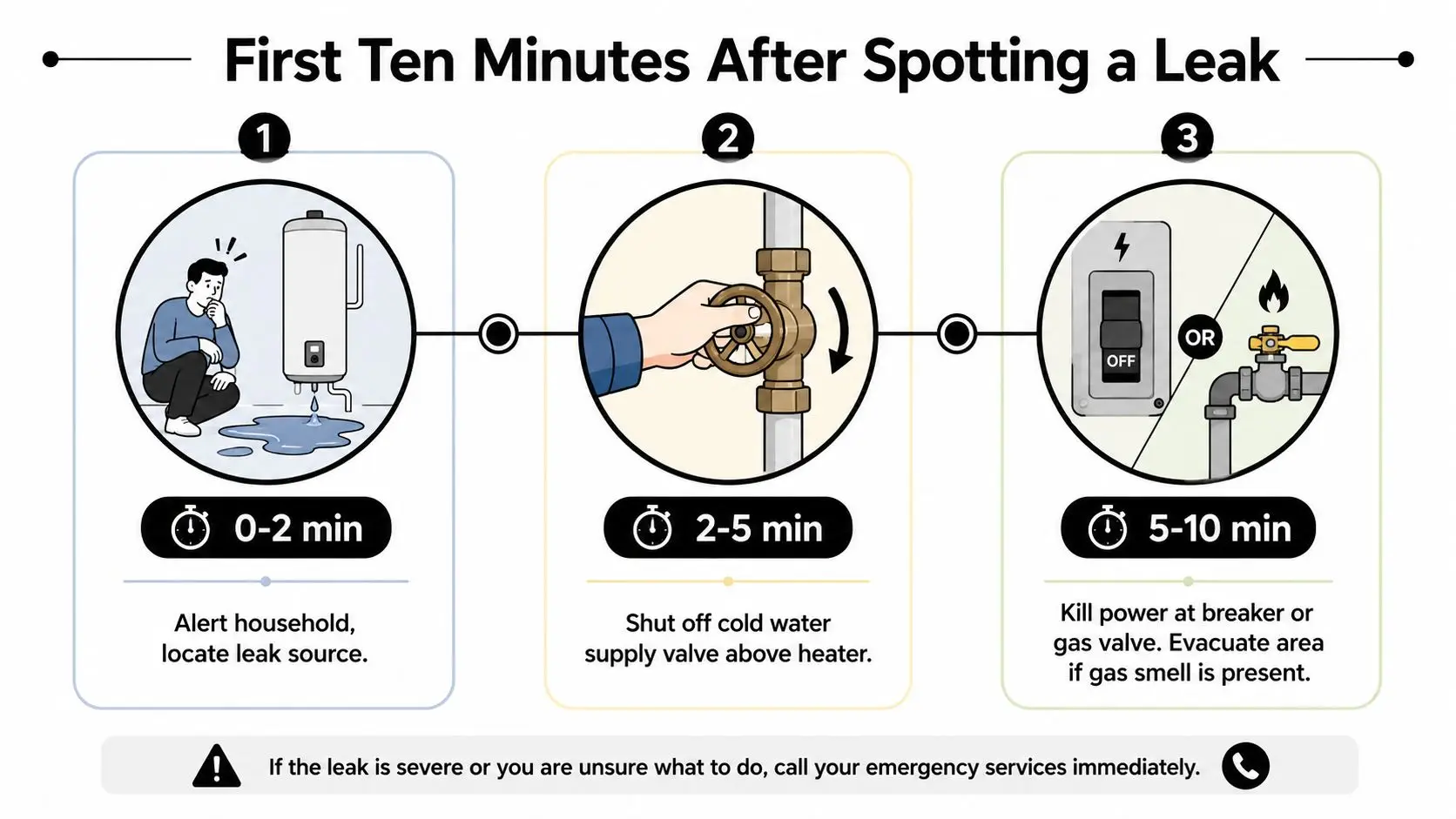 A three-step infographic showing how to safely address a water heater leak in ten minutes.