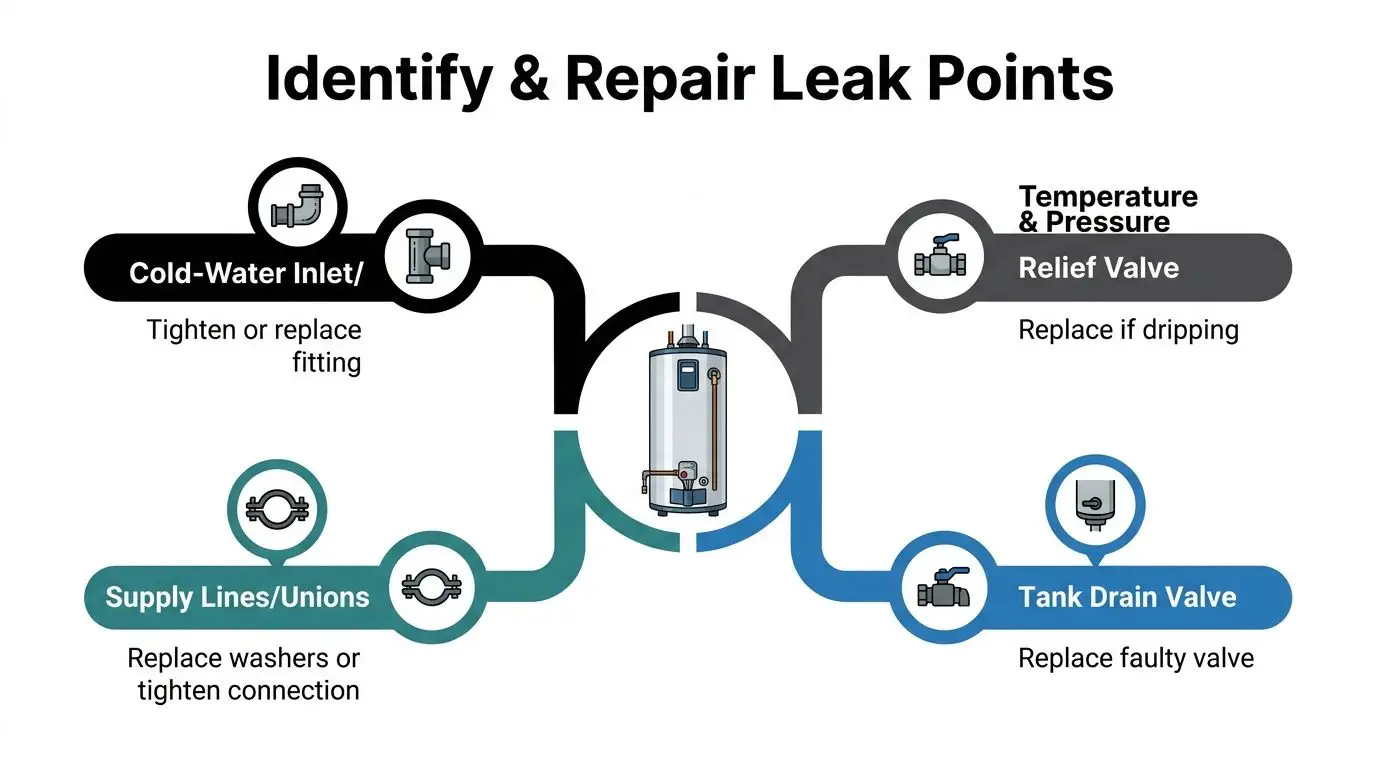 A diagram outlining common water heater leak locations, including inlet pipes, relief valves, and drain valves.
