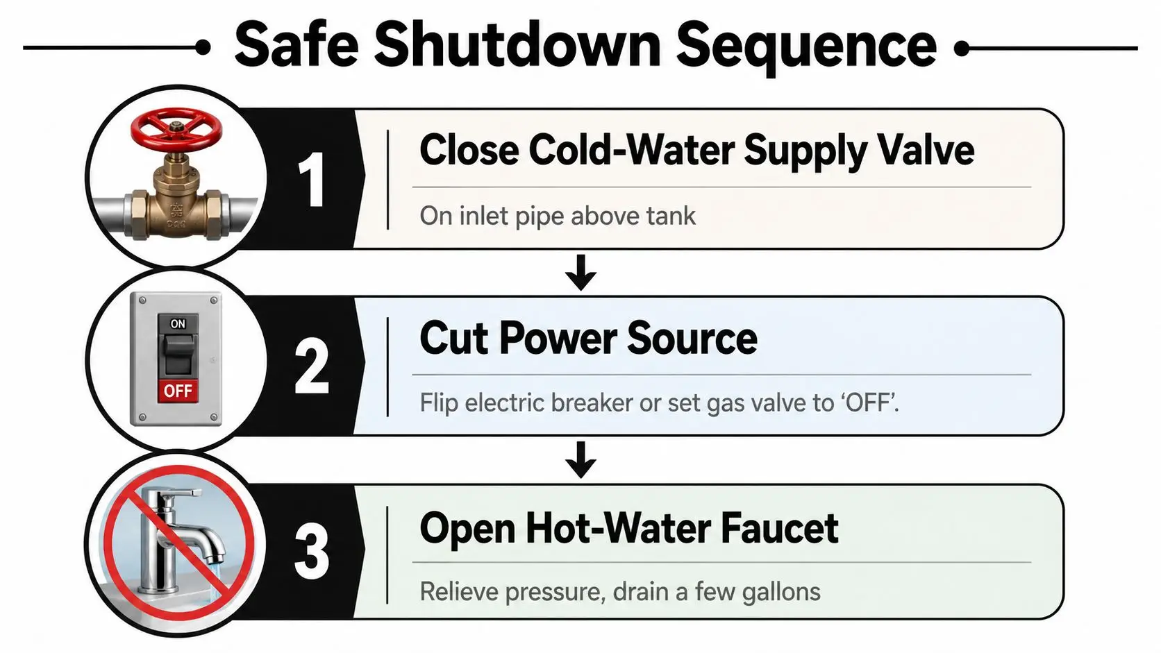 A three-step infographic showing the safe shutdown sequence for a water heater during a leak repair.