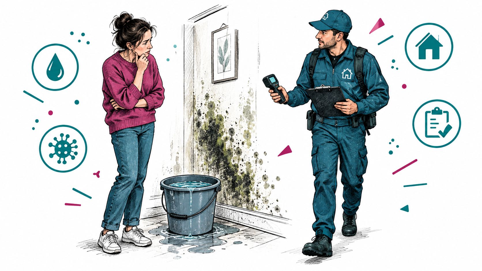 A technician inspects mold on a wall while a concerned woman watches with a water bucket nearby.