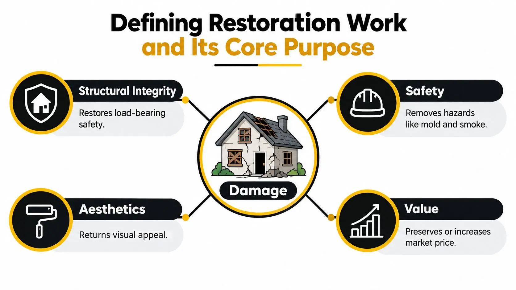 An infographic illustrating the core purposes of property restoration work including structural integrity, safety, aesthetics, and value.