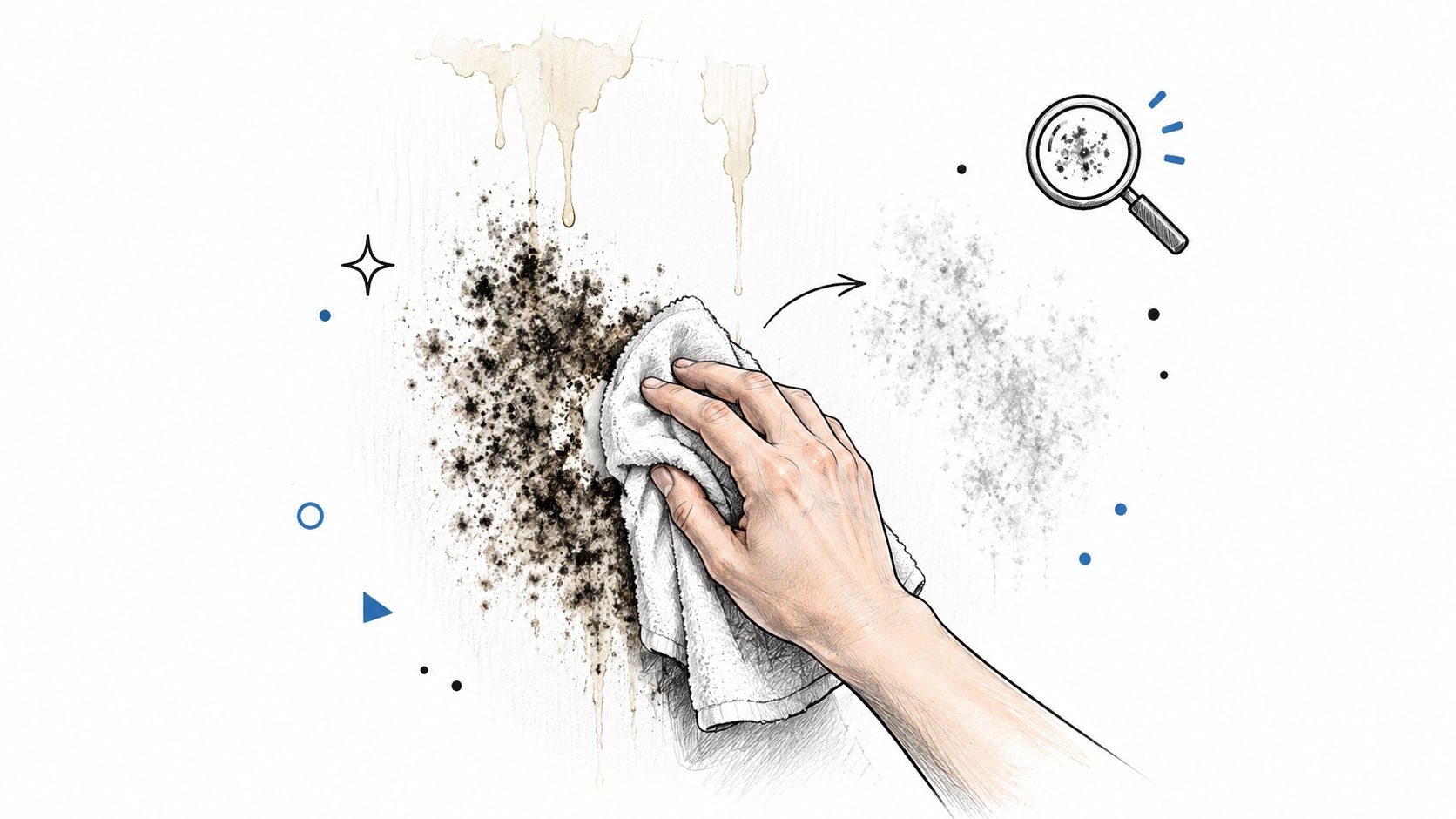 A hand uses a white cloth to wipe black mold stains from a white wall surface.
