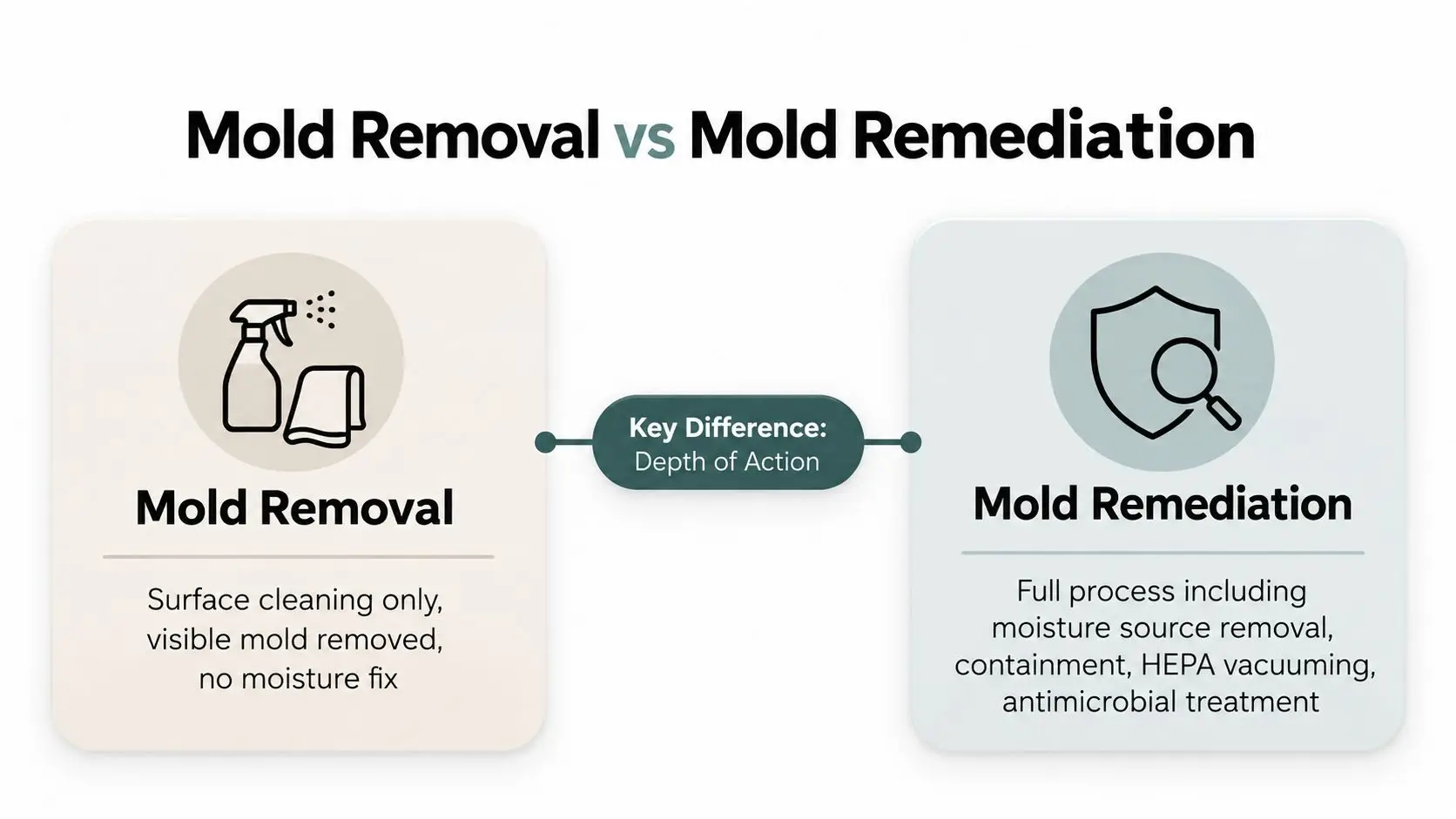 A comparison infographic showing the key differences between superficial mold removal and comprehensive mold remediation processes.
