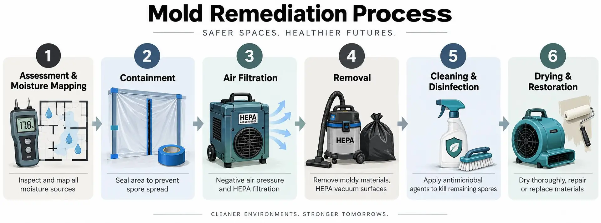 A six-step infographic detailing the professional mold remediation process from initial assessment to final restoration.
