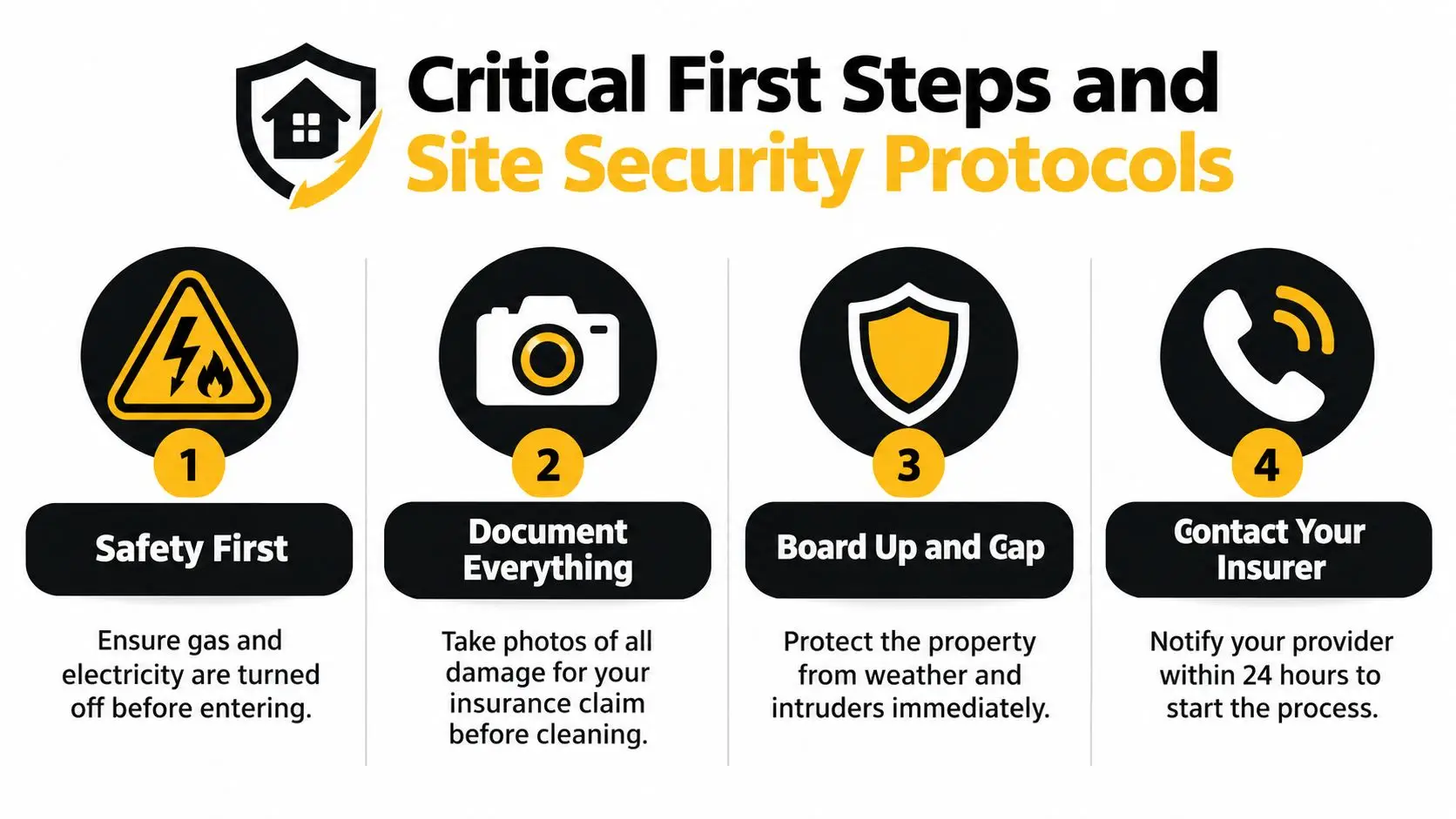 A safety infographic showing four steps for securing a property after fire damage, including utility checks and documentation.