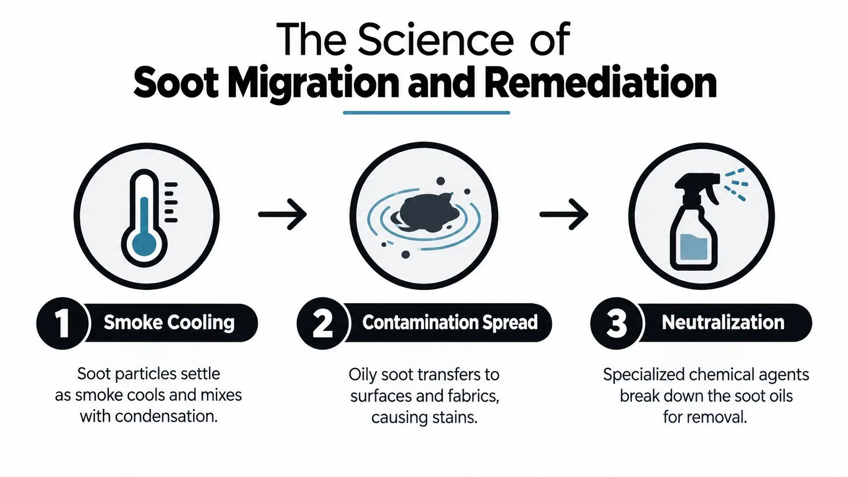 A diagram illustrating the three-step science of soot migration and remediation after fire damage.