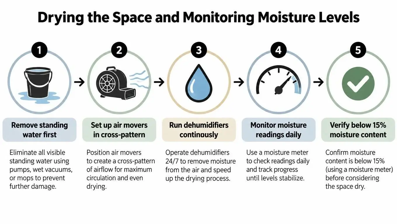 A five-step infographic showing the process of drying a space after water damage occurs.