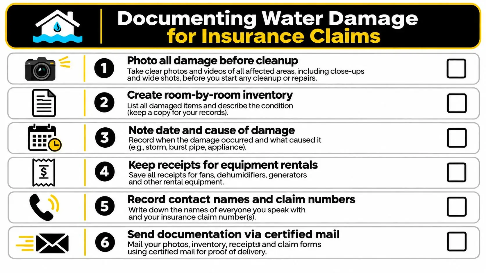 A checklist illustrating six steps for documenting water damage for insurance claims including photography, inventory, and receipts.