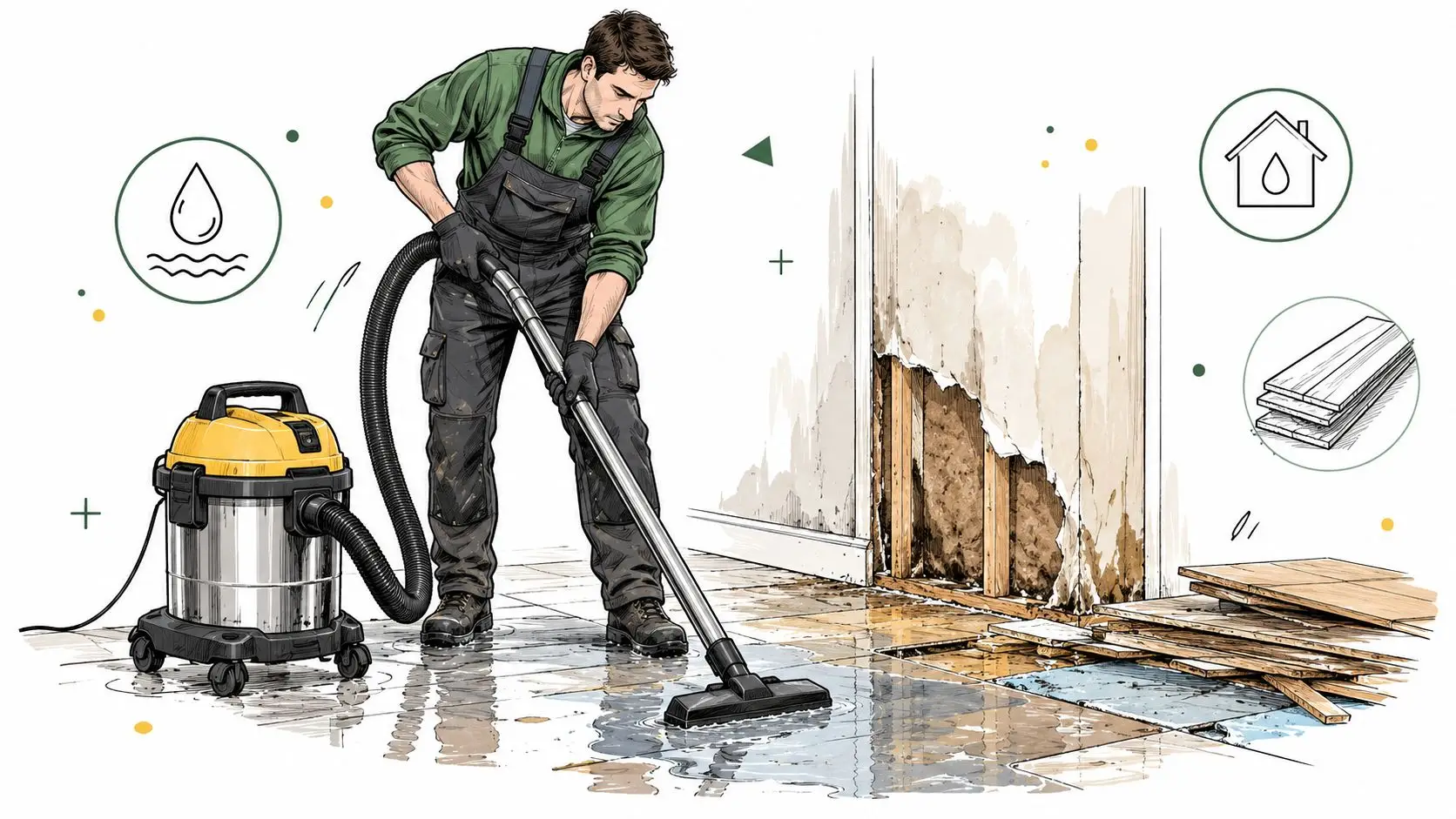 A professional technician using a heavy-duty shop vacuum to remove flood water from a damaged floor.